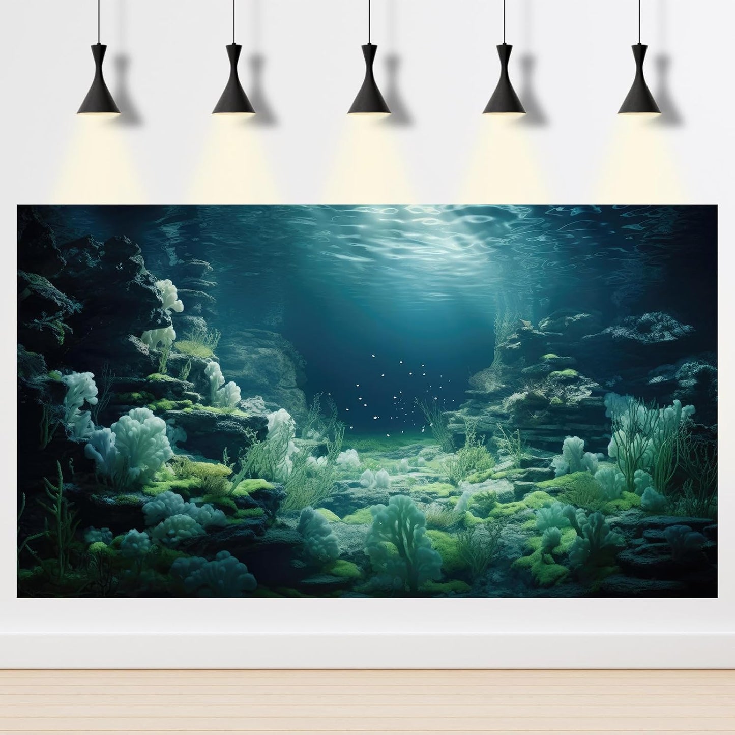 Aquarium Background Underwater Bioluminescent Life Coral Terrarium Backdrop White Coral Lush Moss Fish Tank Background Rock Sunlight Rays Tank Aquarium Wallpaper Poster Vinyl 48x18in