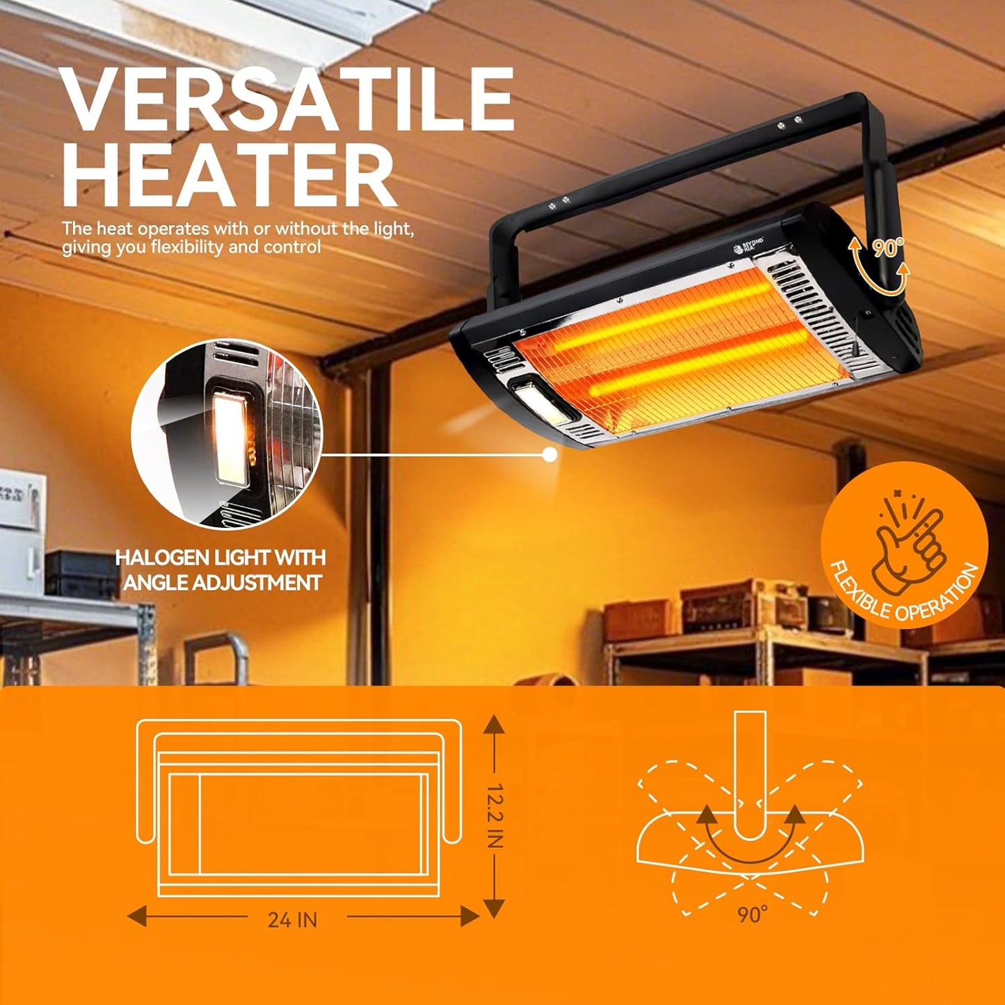 Electric Garage Heater 120V, 750/1500W Ceiling Mount Space Heater for Garage, Shop, Patio with 90° Adjustable Tilt, Dual Quartz Radiant, Safety Metal Grille and Overheat Protection, 2-Pack