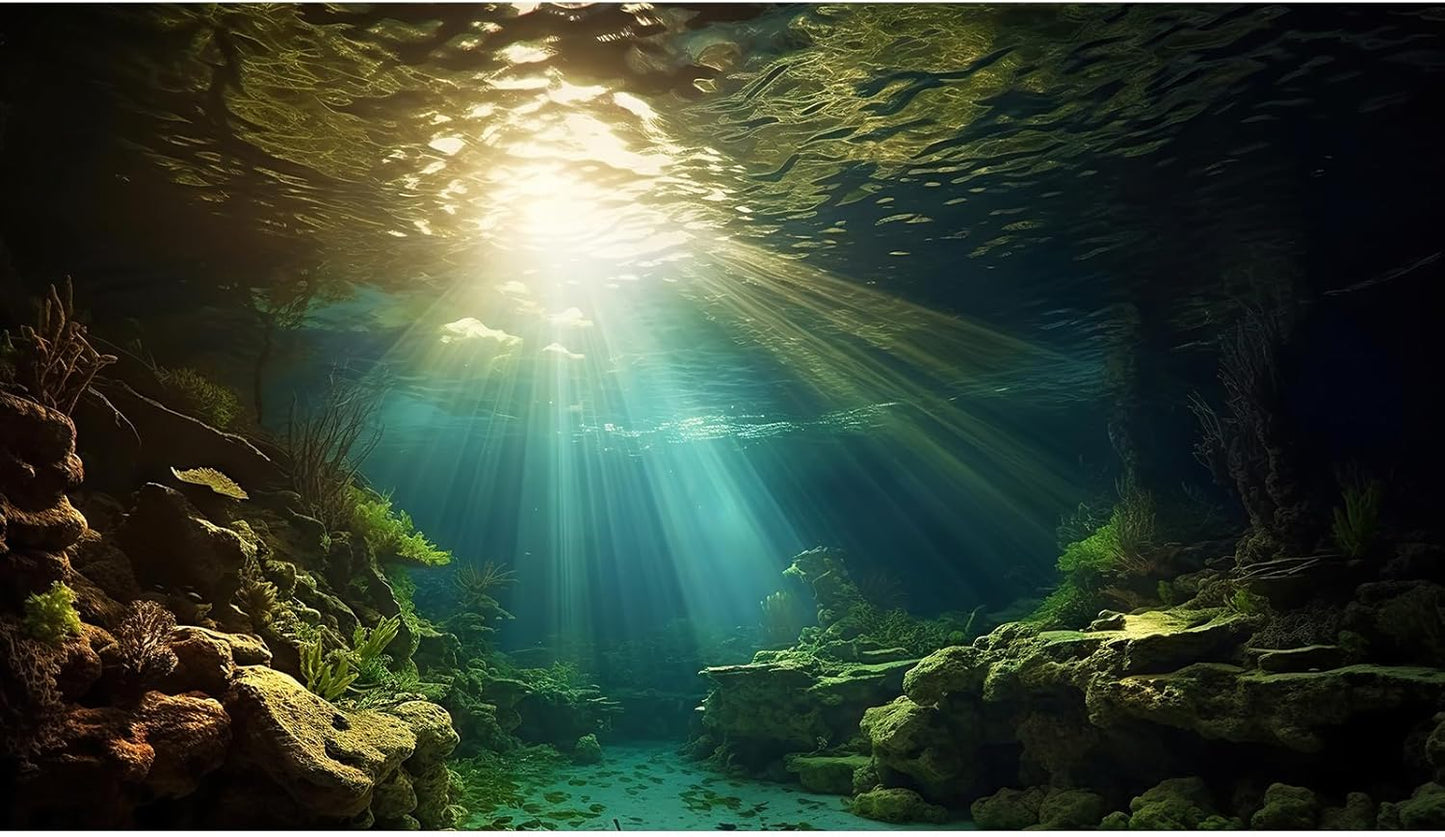 Fish Tank Background Under The Sea Aquarium Background Ocean Floor Sunray Rock Terrarium Backgrounds Coral Reef Aquatic Plants Underwater Cave Aquarium Wallpaper for Fish Tank Decorations 72x18in
