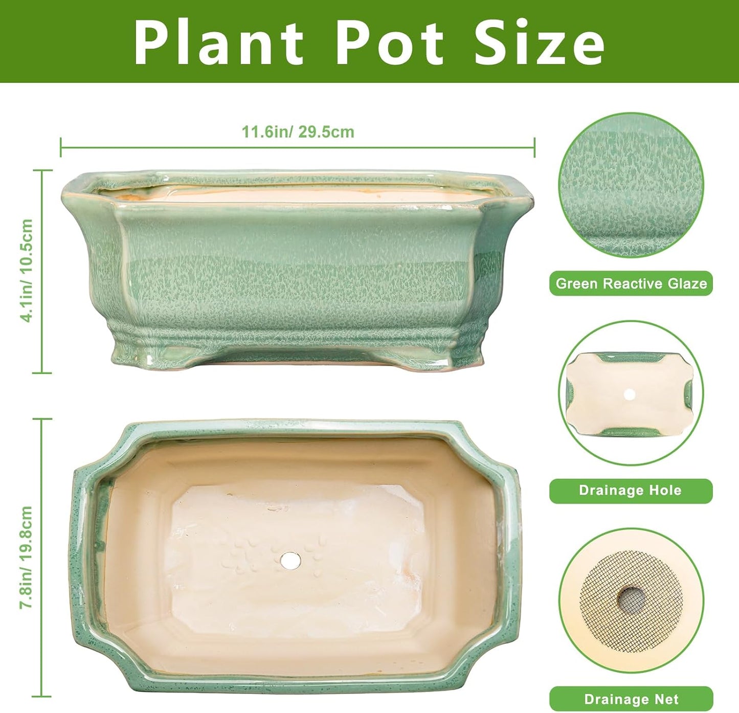 Bonsai Tree Pot 11.6 Inch - Ceramic Succulent Pots, Bonsai Planter for Indoor Outdoor, Decorative Plant Pot with Drainage Hole, Rectangular Flower Pot, Home Garden Decor, Garden Gifts, Green