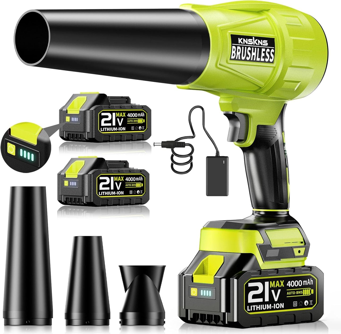 Electric Leaf Blower Cordless,580000RPM Lightweight Handheld Leaf Blower with 2 x 4.0Ah Battery and Charger,Powerful Battery Blower with 3 Extended Nozzle for Lawn Care, Patio Cleaning and Dust