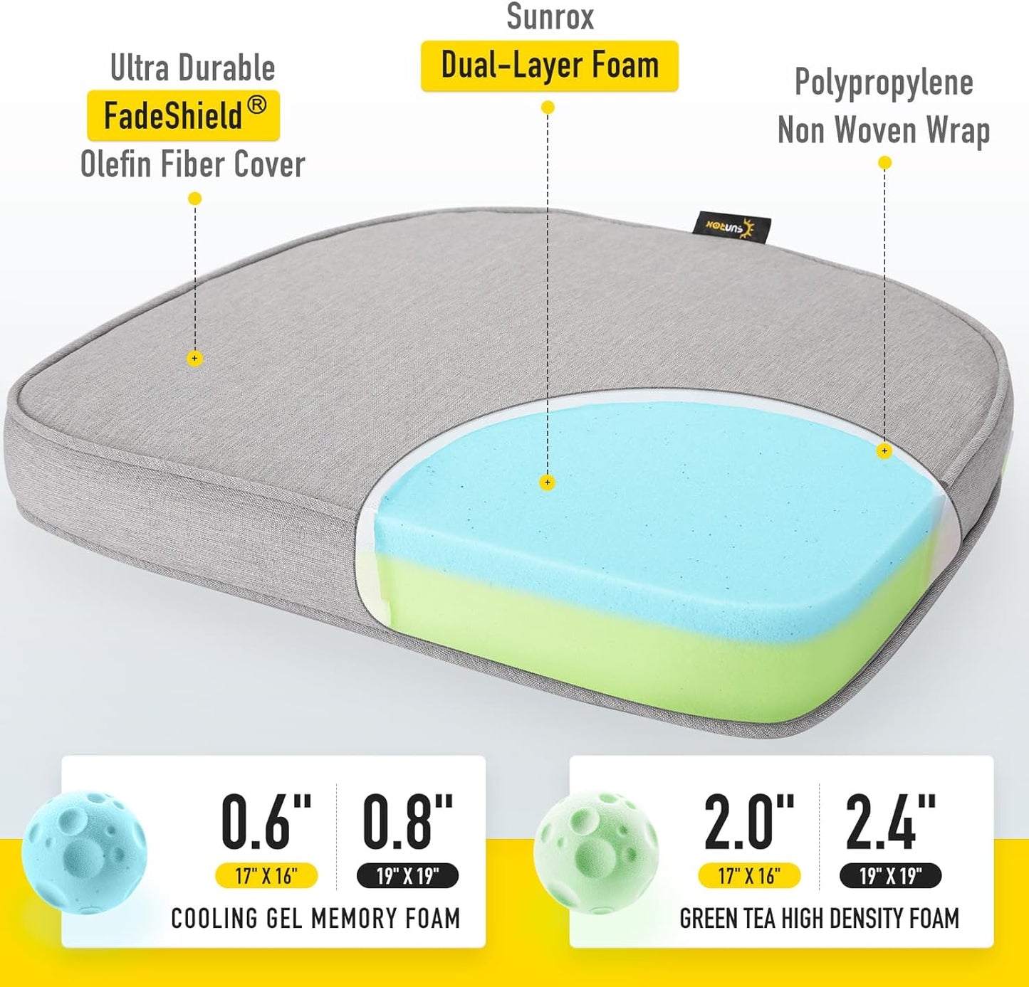 SUNROX Gel Memory Foam Chair Cushions, FadeShield Water-, Stain-Resistant Durable Reversible Seat Cushion Pads with Ties for Indoor/Outdoor Kitchen Dining Office, 17"x16", Set of 4, Heather Grey