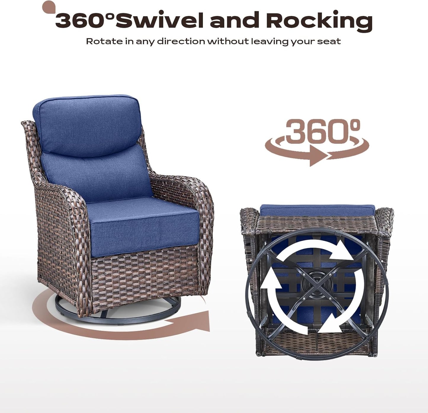 Outdoor Patio Swivel Rocker Chairs Set of 2, Waterproof Wicker, High Back, Deep Seating, Wide Armrest, Upgraded 6 inch Thick Cushions, Side Table, Ideal for Deck Porch Yard, Brown/Blue