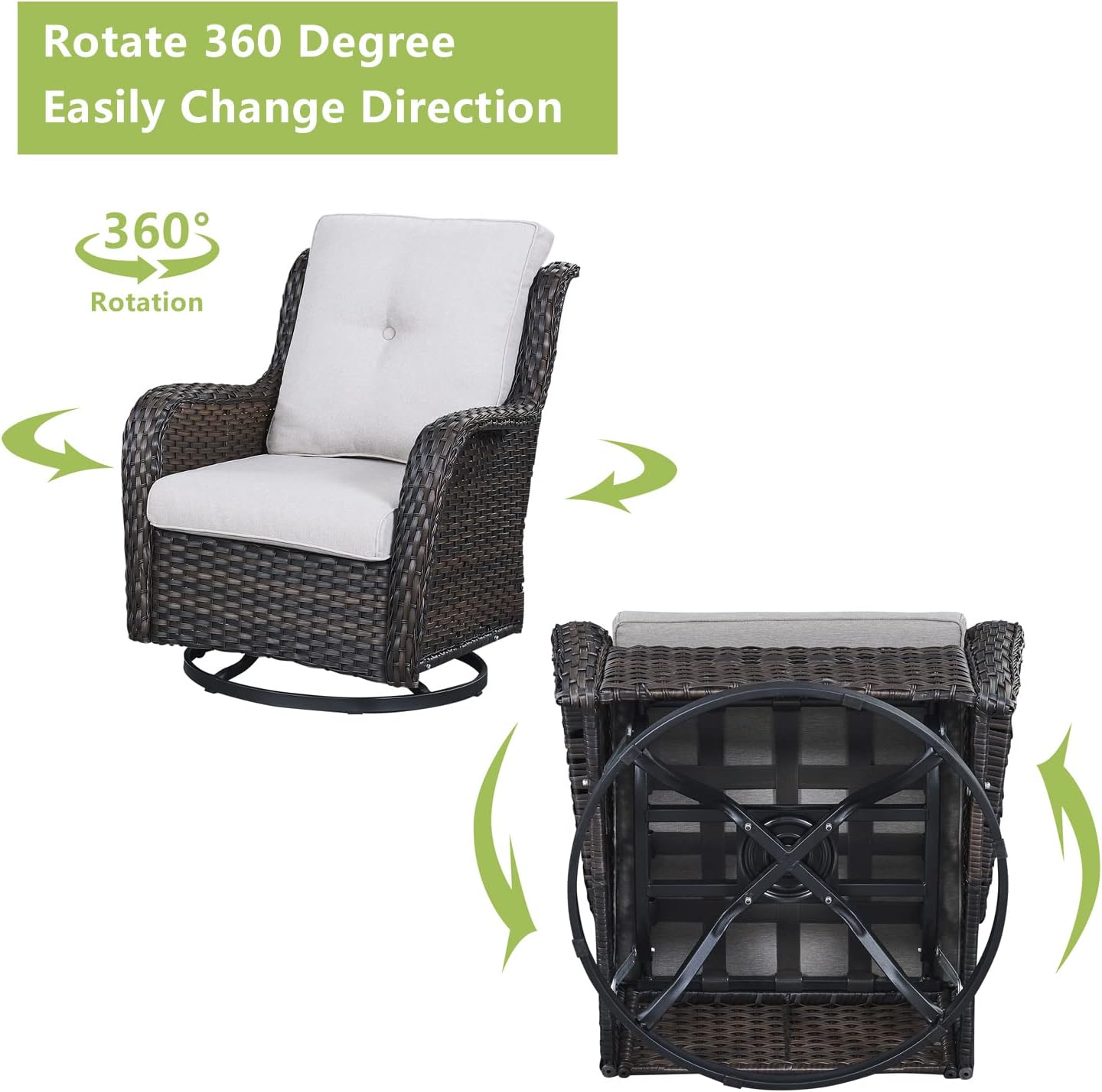 Outdoor Wicker Patio Furniture Set - 5 Pieces Rattan Patio Conversation Set with 2 Rocking Swivel Chairs,2 Ottomans and 1 Side Table for Porch Deck Backyard Garden(Brown/Beige)