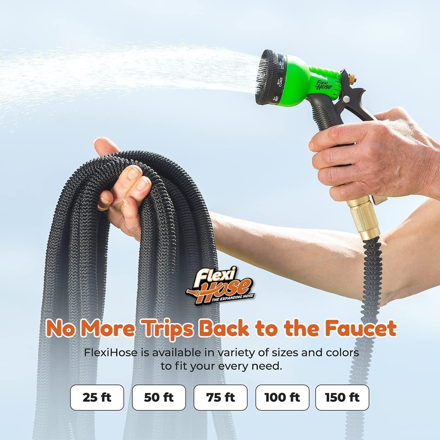 Flexi Hose with 8 Function Nozzle, 150FT - Lightweight Expandable Garden Hose, No-Kink Flexibility, 3/4 Inch Solid Brass Fittings and Double Latex Core