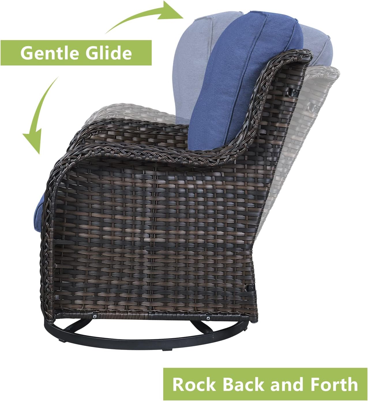 Outdoor Wicker Patio Furniture Set - 6 Piece Rattan Patio Conversation Set with 2 Rocking Swivel Chairs,2 Ottomans,1 Sofa and 1 Side Table for Porch Deck Backyard Garden(Brown/Blue)