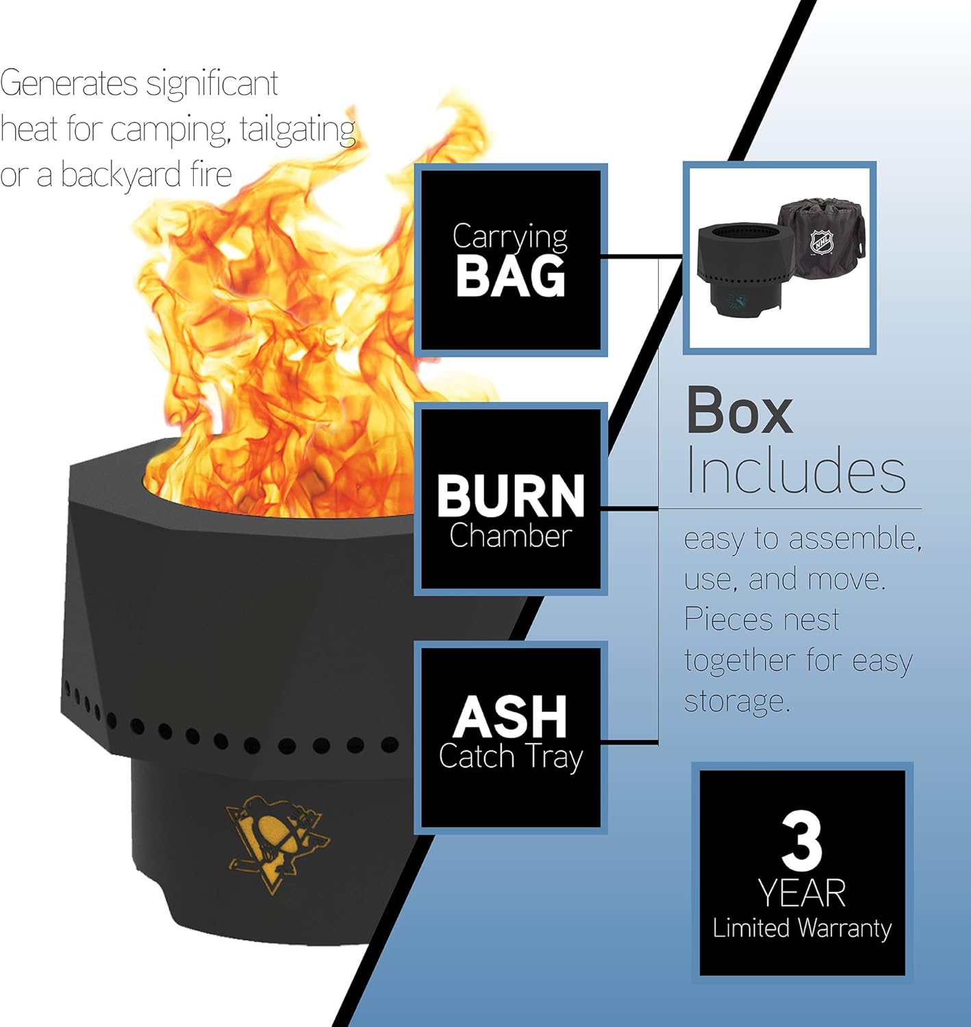 Blue Sky Outdoor Living NHL Colorado Avalanche Ridge Portable Steel Smokeless Fire Pit with Carrying Bag, Firewood and/or Wood Pellet Burning