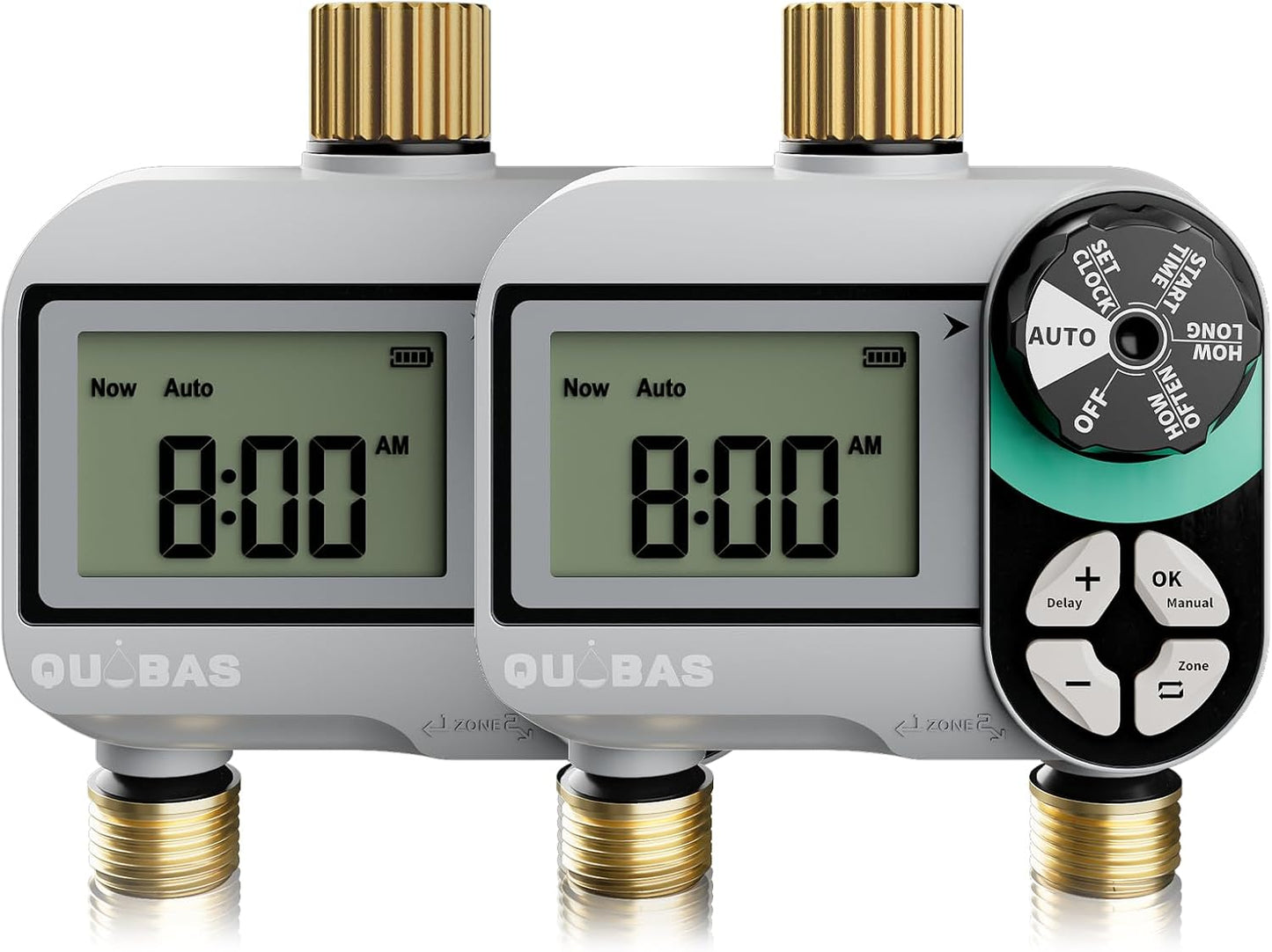 [2 Pack] QUOBAS 2 Zone Water Timer for Garden Hose, Automatic Sprinkler Timer with Dual Outlets, Heavy Duty Brass Fittings, Leak-Free, Programmable, for Lawn Watering and Drip Irrigation System