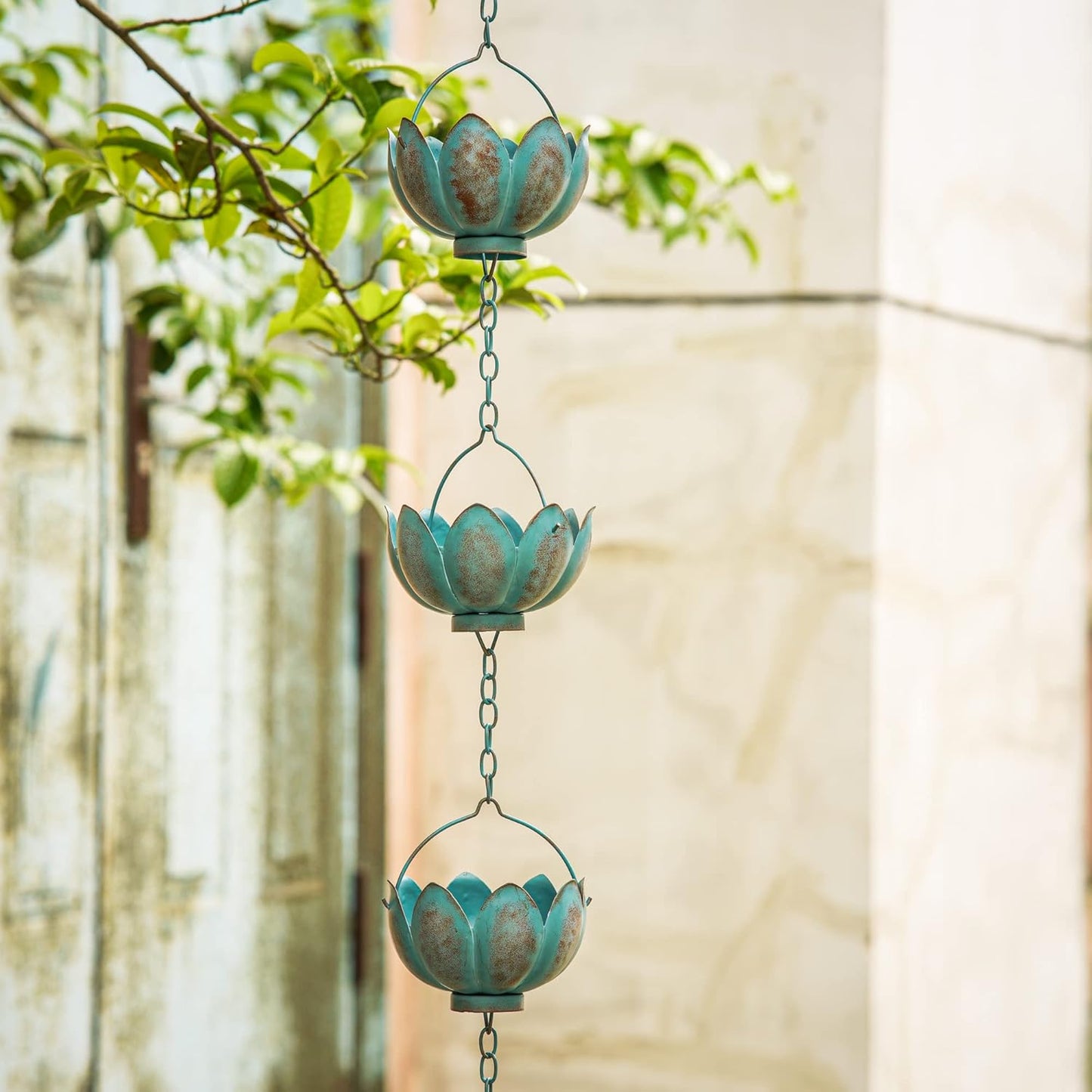 Topadorn 8.5 FT Rain Chain Iron Gutter Chains with 12 Rain Collector Thick Iron Flower Cups Garden Decoration,Lake Blue