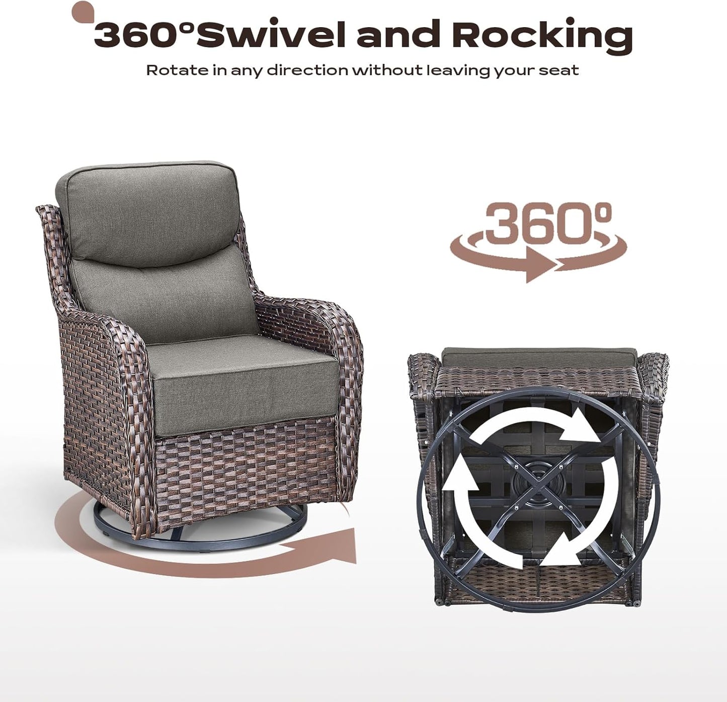 Wicker Outdoor Patio Furniture Set - 5 Piece Patio Conversation Sets with Swivel Rocker Chairs, Ottomans and Side Table, 6 inch Cushions, Waterproof Wicker, for Porch Deck Brown/Grey