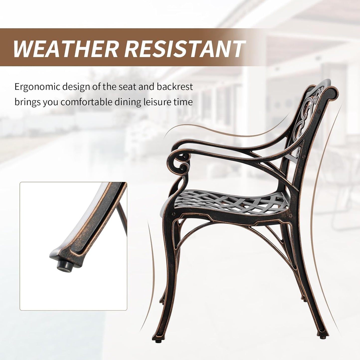 Bistro Set 3 Piece Outdoor Cast Aluminum Patio Bistro Set Patio Set Metal Bistro Table and Chairs Set of 2 with Umbrella Hole for Deck, Gardens, Bronze (Flower Backrest)