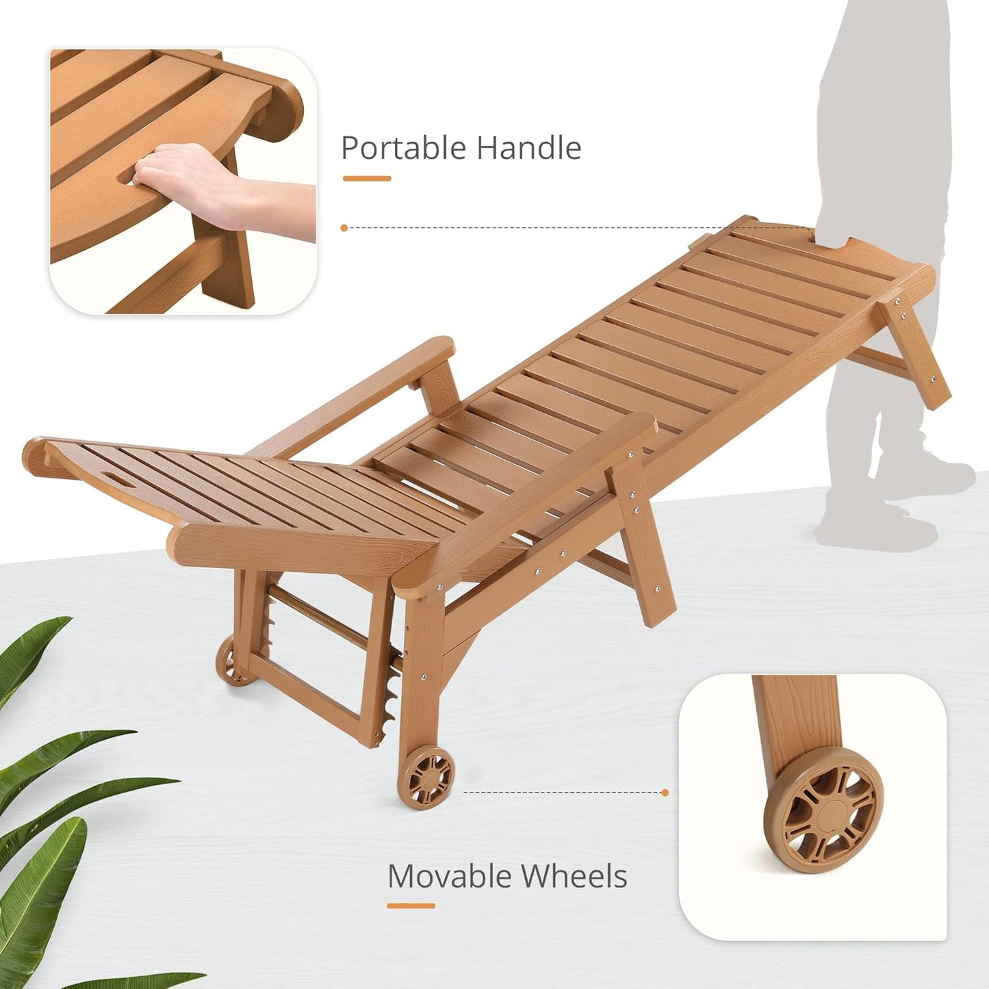 LUE BONA Outdoor Chaise Lounge, 79'' Oversized HDPS Chaise Lounger, 5 Positions Adjustable Lounge Chairs, Pool Lounge Chair with Wheels for Poolside, Backyard, 3 Year Warranty, Teak Color