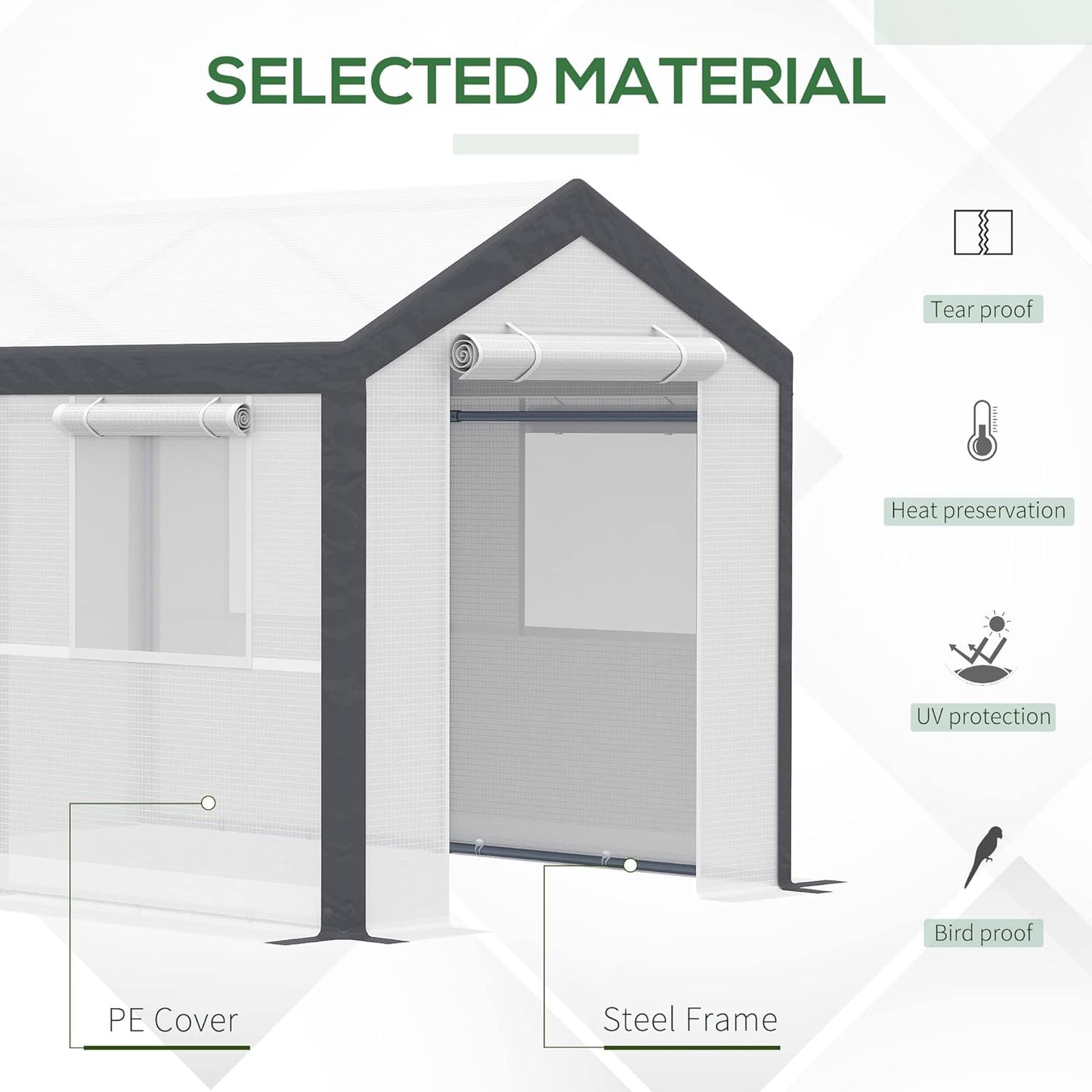 Outsunny 10' x 7' x 7' Greenhouse, Walk-in Outdoor Tunnel Green House with PE Cover, Steel Frame, 2 Roll-Up Zipper Doors & 4 Windows for Flowers, Vegetables, Tropical Plants, White