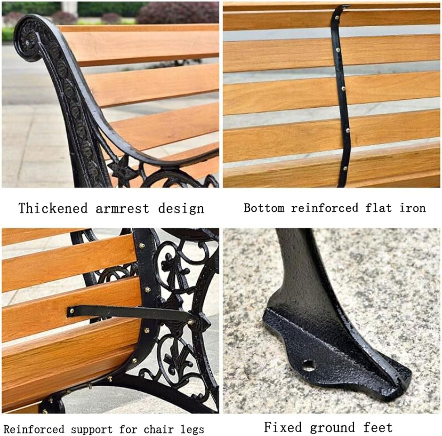 Outdoor Solid Wood Garden Park Bench for 2-3 People, Weatherproof Patio Lawn Bench Porch Seat with Cast Iron Frame, Porch/Deck/Patio Furniture Bench with Backrest and Armrests(Brown+Black Chair Legs,1
