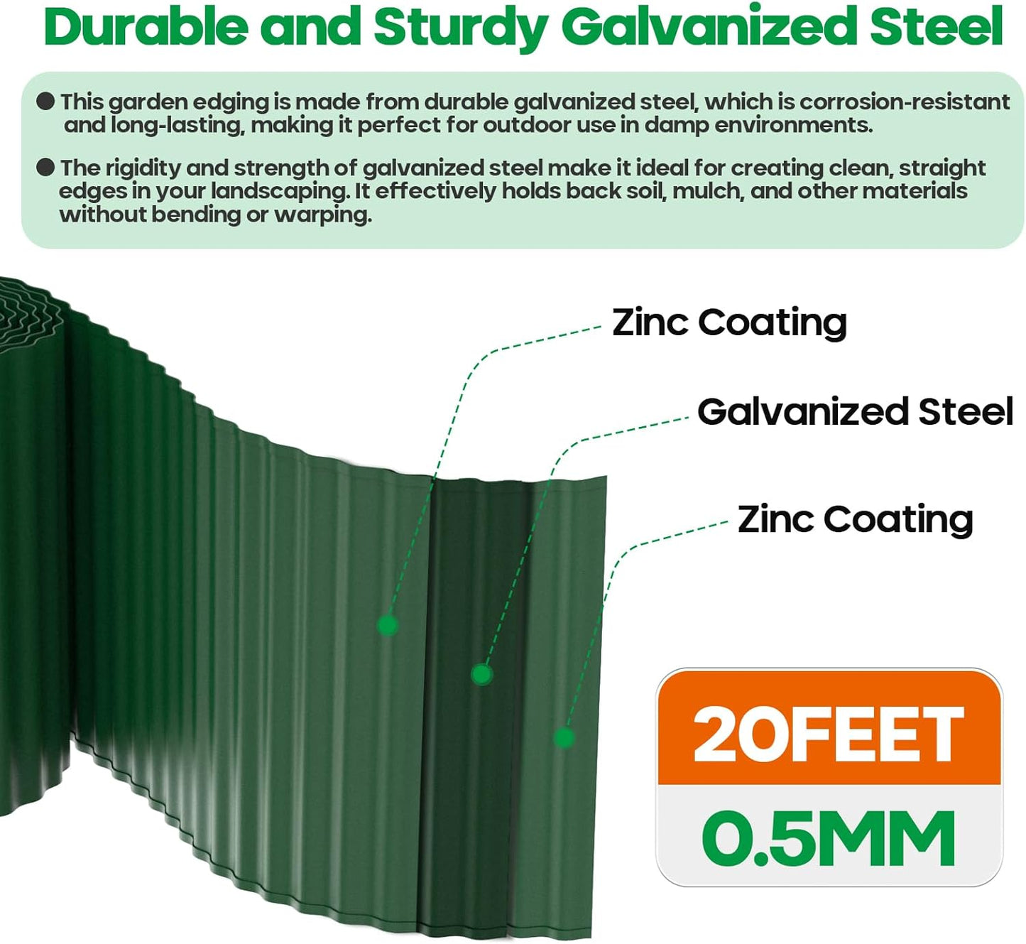 Corrugated Metal Garden Edging,Sturdy Tall Landscape Edging Borders with 6pcs Anchor Stakes, Perfect DIY for Flower Beds, Lawn and Pathway,Tree Surrounds,Paver Edges (Green 10"×20FT)