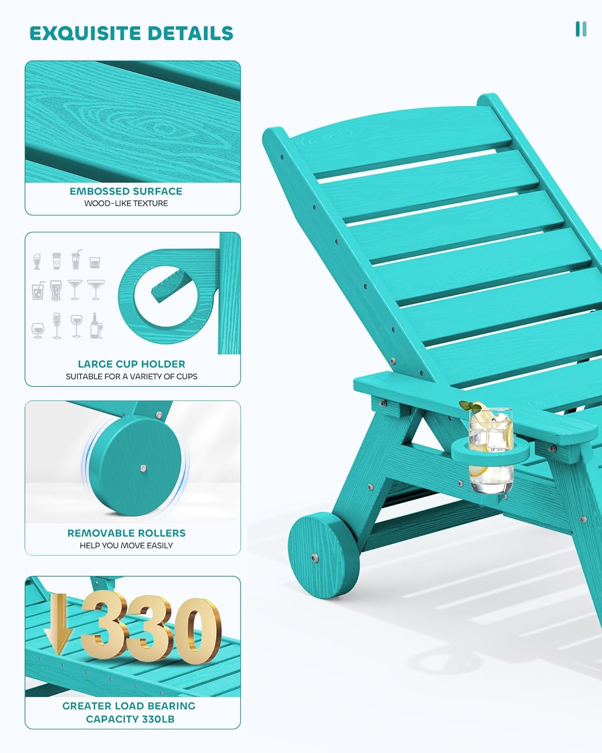 SERWALL Patio Chaise Lounge Chair Set of 2, 78'' Long 5-Positions Adjustable HDPE Outdoor Lounge Chair for Pool, Poly Lounge Chair with Rolling Wheels & Cup Holder for Poolside, Deck, Aqua Blue