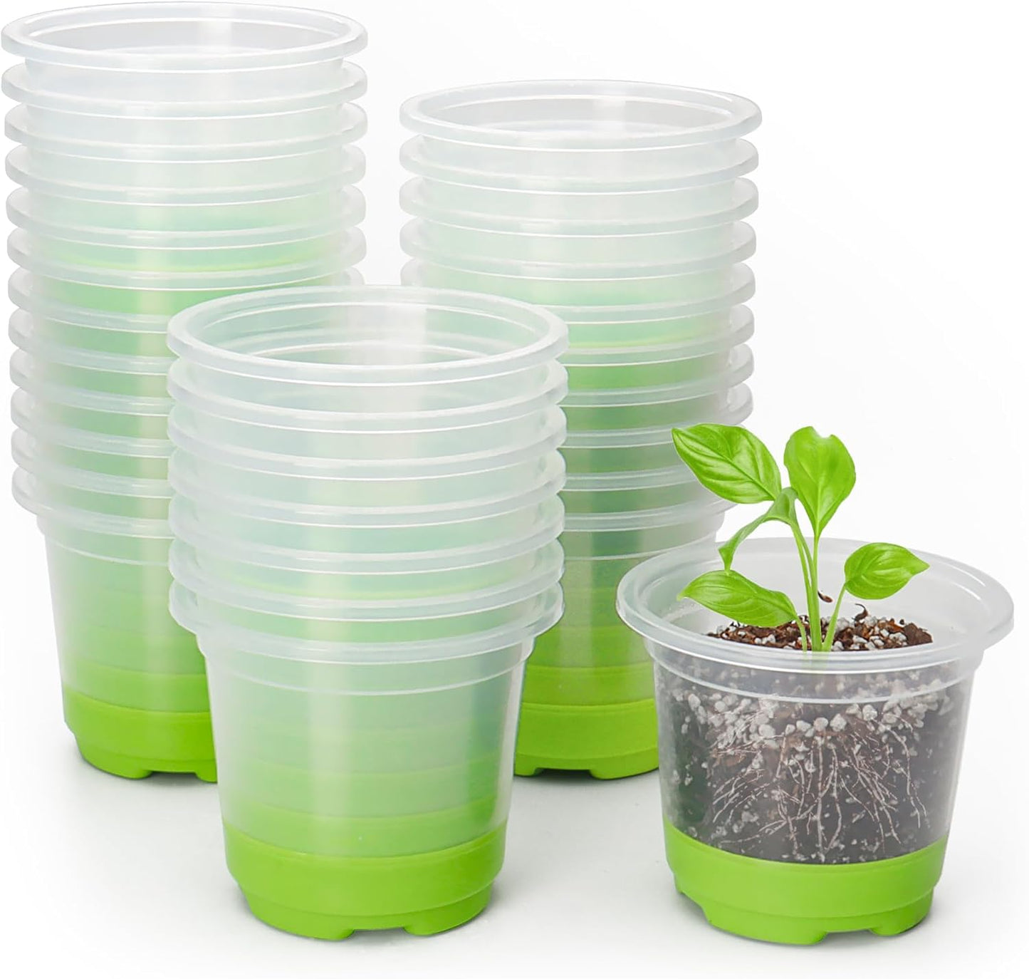 MIXC 30 Packs 4" Reinforced Clear Nursery Pots with Silicone Base for Easy Transplant, Transparent Plastic Plant Pot Reusable Seedling Pots Seed Starter Pots Flower Pot, Green