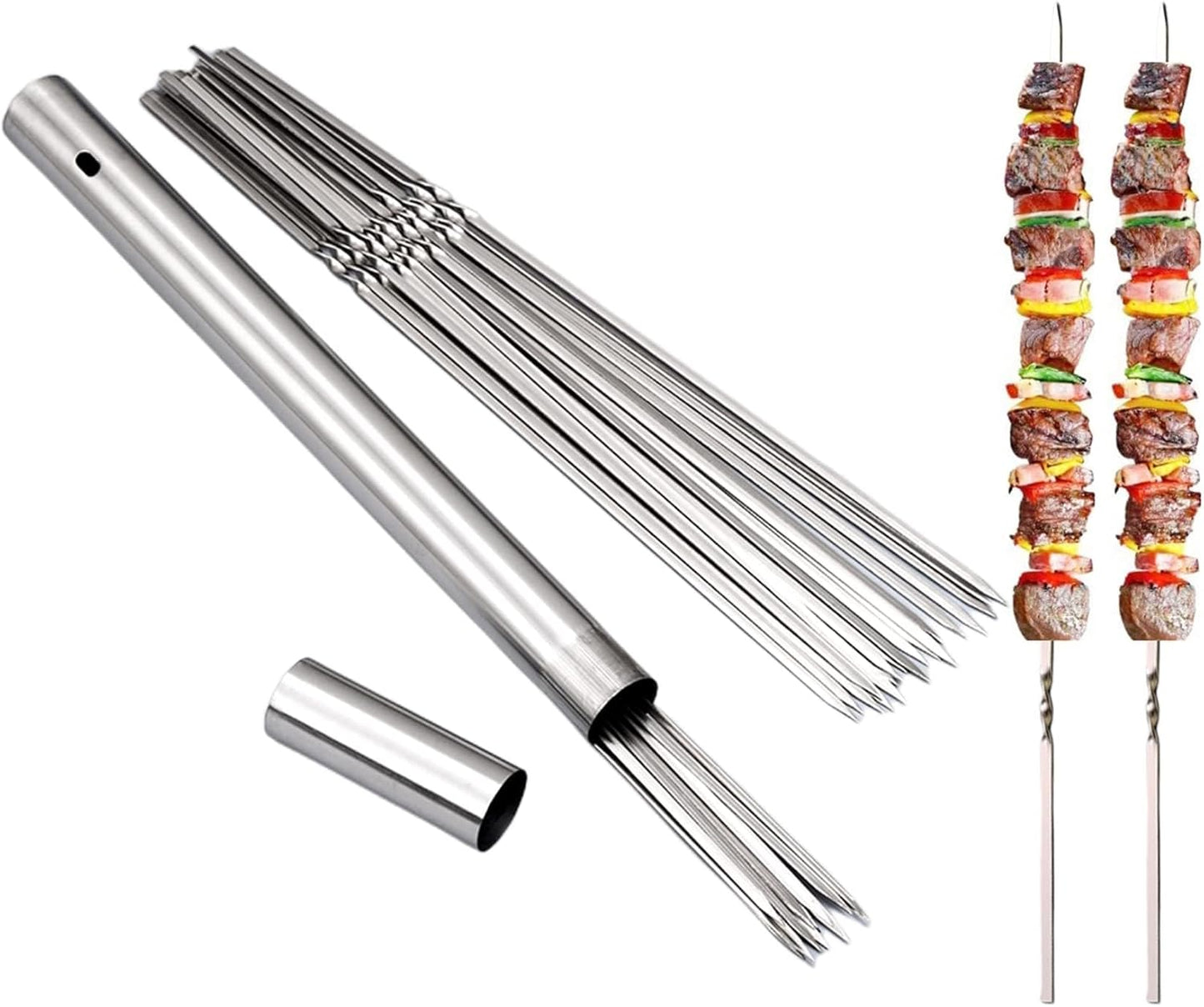 304 Stainless Steel 13.2" Long Flat Barbecue Skewers,20PCS/40PCS BBQ Kebab Skewers with Portable Metal Storage Tube,Reusable for Grilling Barbecue Kitchen Party and Outdoor Cooking (20PCS)