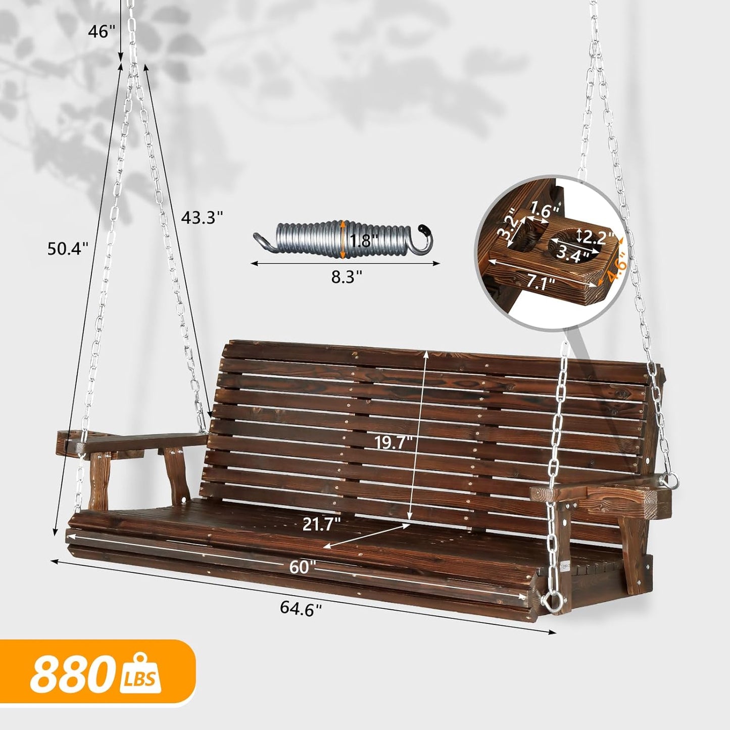 VINGLI XL Size Patio Wooden Porch Swing Outdoor with Cup Holders & Phone Slots, Heavy Duty 880 LBS Hanging Swing Chair Bench with Hanging Chains for Yard, Lawn, Garden (5 FT Pro, Rustic)