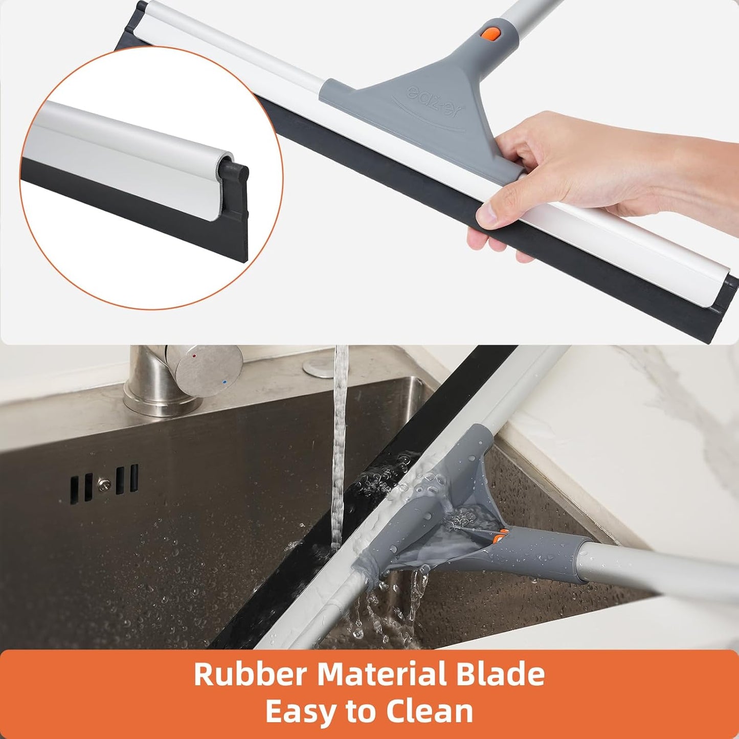 Eazer Floor Squeegee Broom: Heavy Duty Scrubber with Extendable 50.3'' Aluminum Pole and Rubber Blade for Kitchen, Swimming Pool, Concrete Floors,Shower,Tiles,Garages,Windows,Glass,Pet Hair Removal
