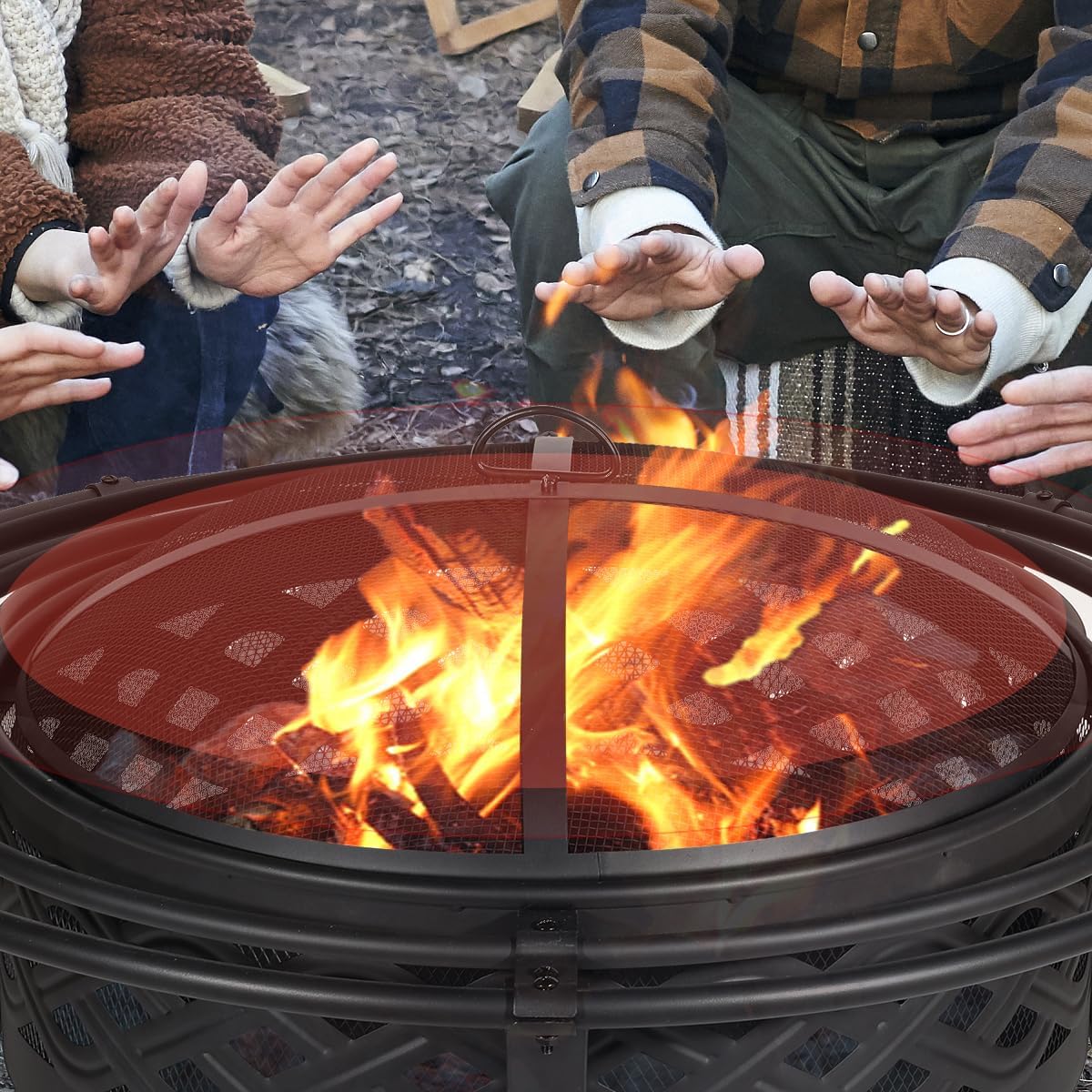 36 Inch Fire Pit with 2 Loops,Crossweave Wood Burning Fire Pits for Outside,with Spark Screen,Fire Poker,Round Outdoor Firepit for Patio,Yard,Garden,Camping,Bonfire(36''Black)