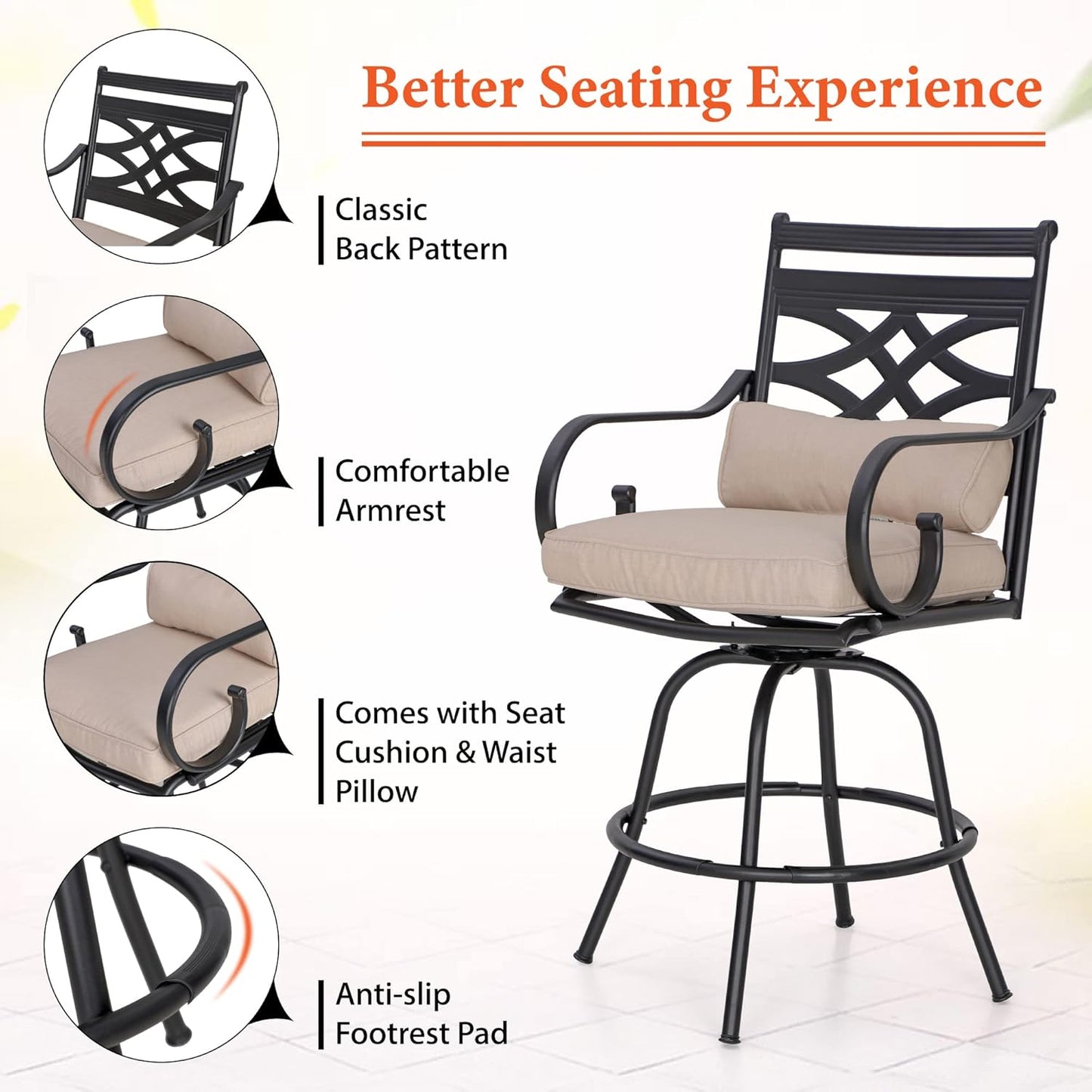 Sophia & William Patio Bar Set 5 Piece Outdoor High Dining Table and Chairs Set, 4 Swivel Bar Stools and 1 Rectangular Bar Height Table, All-Weather Metal Furniture Set with Beige Cushion