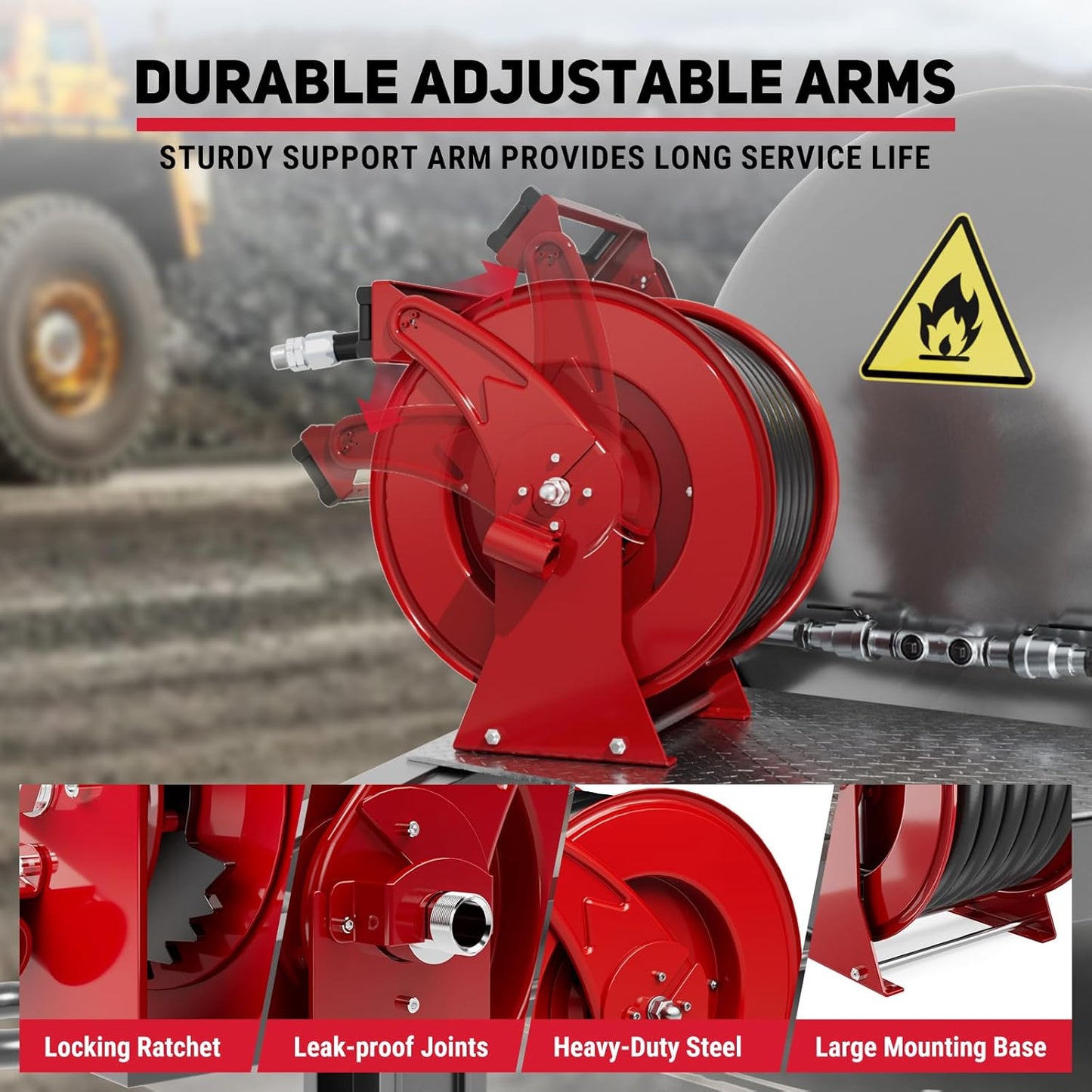 Retractable Diesel Fuel Hose Reel - 1 inch x 33ft Spring Driven Auto Swivel Rewind Hose Holder Reel with Fueling Nozzle, 300 PSI Industrial Steel for Aircraft Ship Vehicle Tank Truck, Red