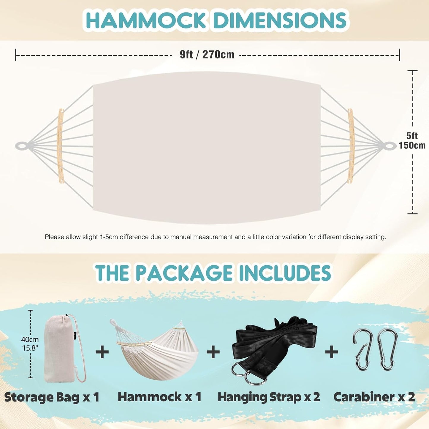 Anyoo Garden Cotton Hammock Comfortable Fabric Hammock with Spreader Bar Sturdy Hammocks Up to 450lbs Portable Lightweight Hammocks with Travel Bag for Camping Outdoor/Indoor Patio Backyard