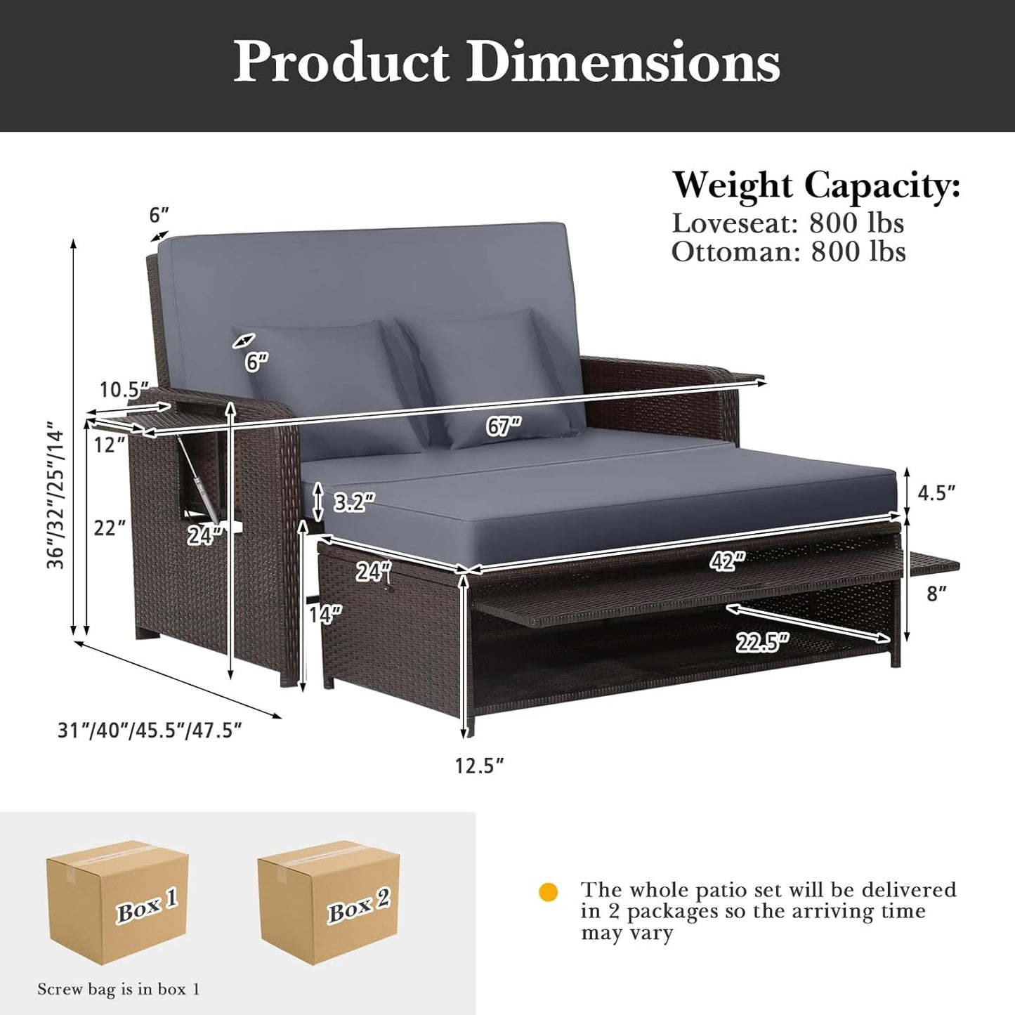 Tangkula Patio Rattan Daybed Set, Wicker Loveseat Sofa w/Multipurpose Ottoman & Retractable Side Tray, 4-Level Adjustable Backrest, Footstool w/Storage, Seat & Back Cushion Included