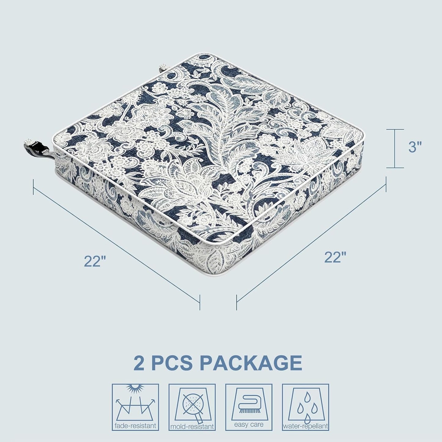 LVTXIII Patio Chair Cushions 22"x22"x3", Water-Repellent Outdoor Seat Cushions for Patio Furniture, Square Chair Pads with Ties for Home Garden Decoration, Set of 2, Damask Lapis