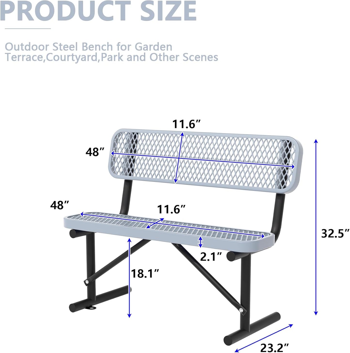 4FT Benches for Outside, Heavy-Duty Outdoor Garden Bench W/Back, Metal Park Bench for Sitting Area, Commercial Bench for Patio Porch Backyard School Sports Church Locker Room Shopping Centers