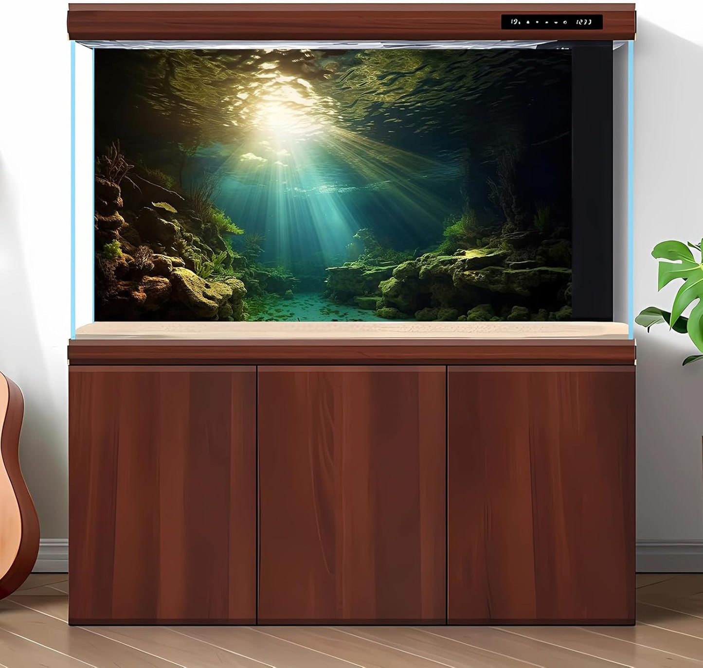 Fish Tank Background Under The Sea Aquarium Background Ocean Floor Sunray Rock Terrarium Backgrounds Coral Reef Aquatic Plants Underwater Cave Aquarium Wallpaper for Fish Tank Decorations 48x20in