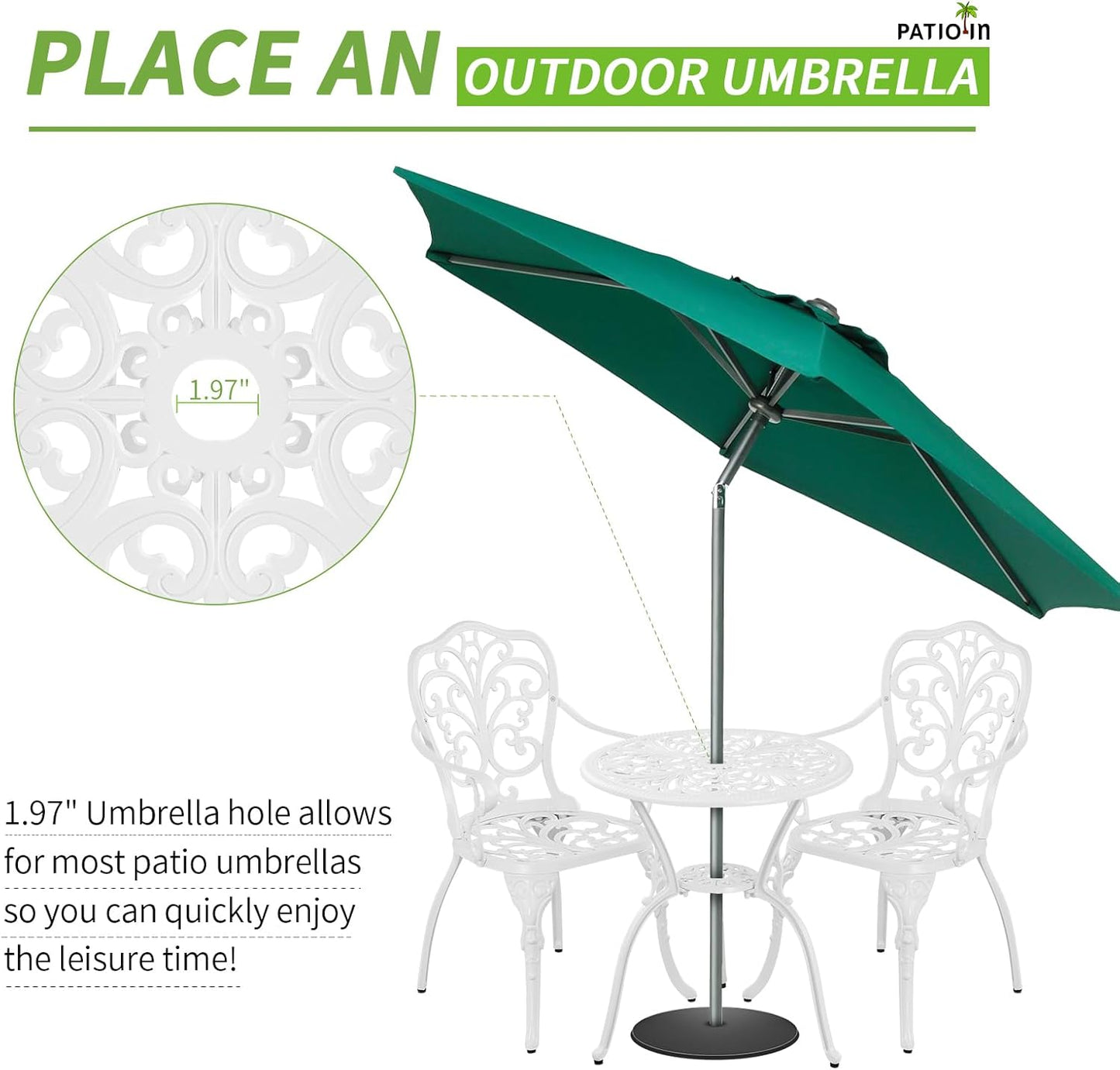 3 Piece Patio Bistro Set,Cast Aluminum Bistro Table Set Outdoor Round Dining Table with Umbrella Hole for Porch, Lawn, Garden, Backyard, Pool (White)