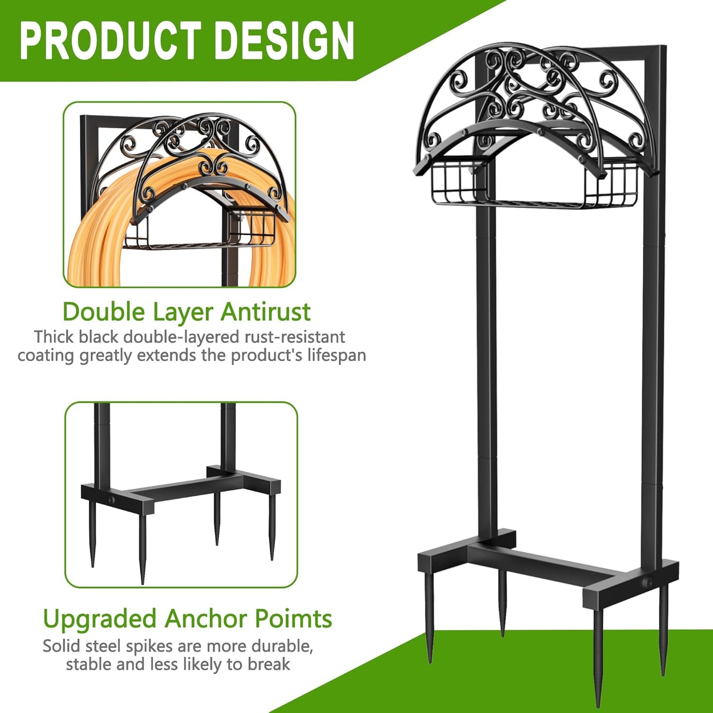 Upgraded Garden Water Hose Holder - Holds Upto 150 Feet, Heavy-Duty Freestanding Metal Stand, Detachable Hose Hanger Storage Rack for Outside Yard Lawn