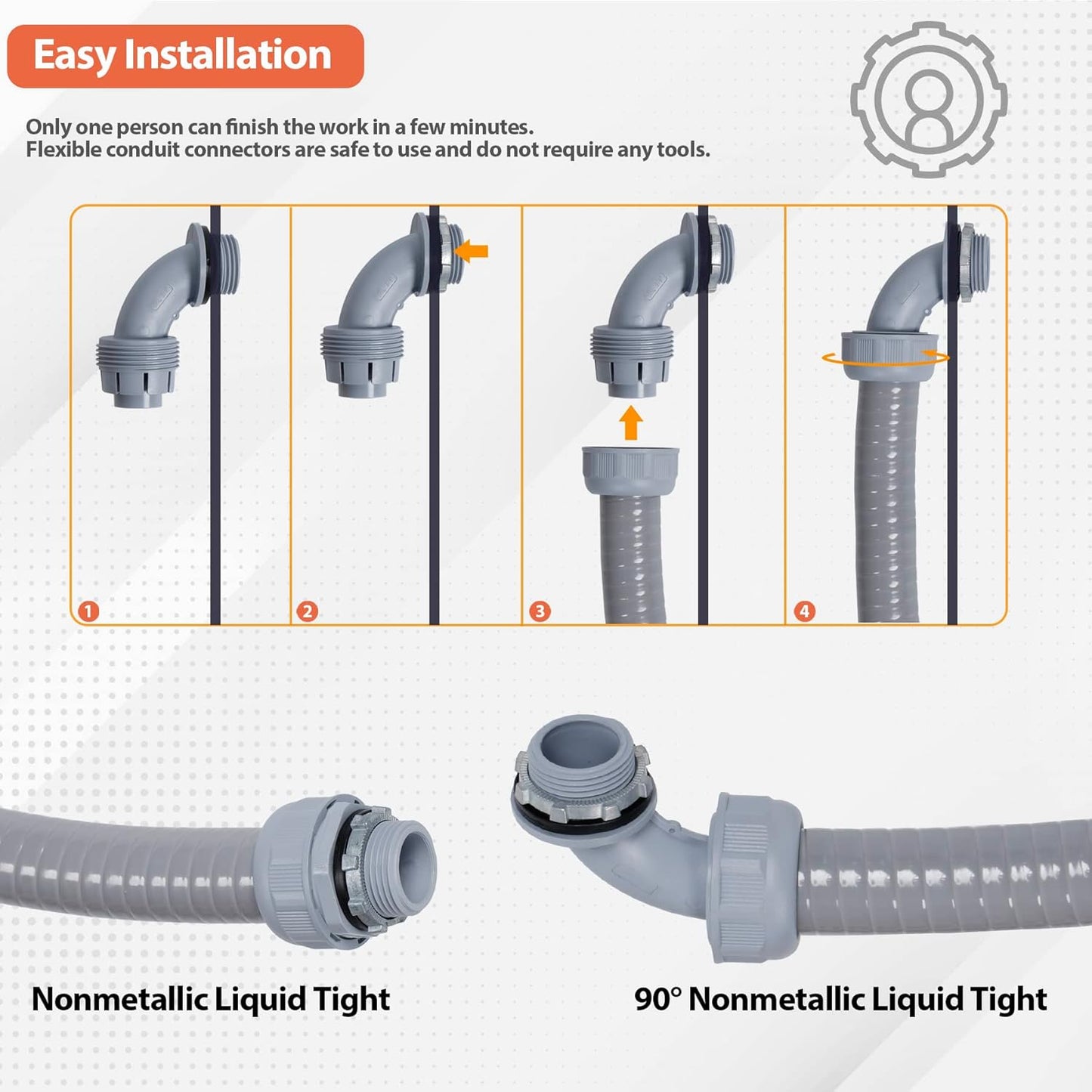 Liquid-Tight Conduit 3/4 50ft, Electrical Conduit w/UL Certification, Flexible Conduit with 5 Straight and 5 90-Degree Conduit Connector Fittings