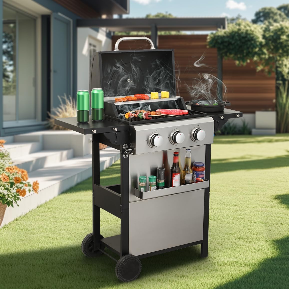 3-Burner Propane Gas BBQ Grill, 25,650 BTU Output, Wire Enamel Cooking Grids, Foldable Side Table, Stainless Steel Outdoor Grill for Patio and Backyard