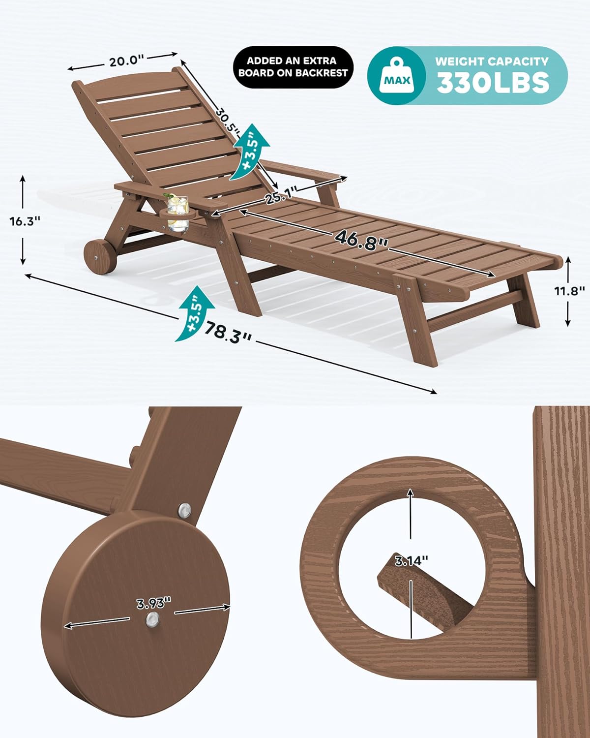 SERWALL Patio Chaise Lounge Chair Set of 2, 78'' Long HDPE Outdoor Lounge Chair, 5 Positions Adjustable Poly Lounge Chair with Rolling Wheels & Cup Holder for Pool, Brown