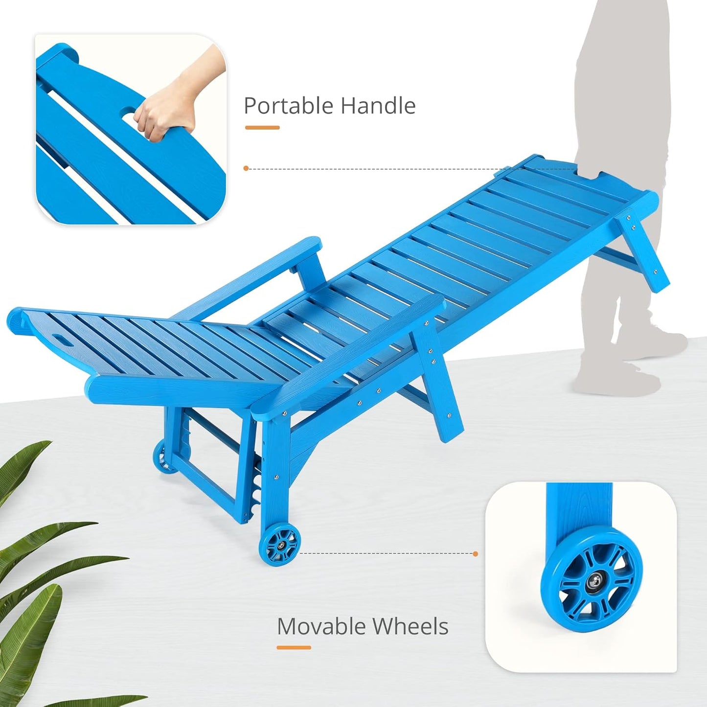 LUE BONA Chaise Lounge Chairs Set with Table, 3-Piece, 79'' Oversized HDPS Chaise Lounger, 5 Positions Adjustable Lounge Chairs, Pool Lounge Chair with Wheels for Poolside, 3 Year Warranty, Blue