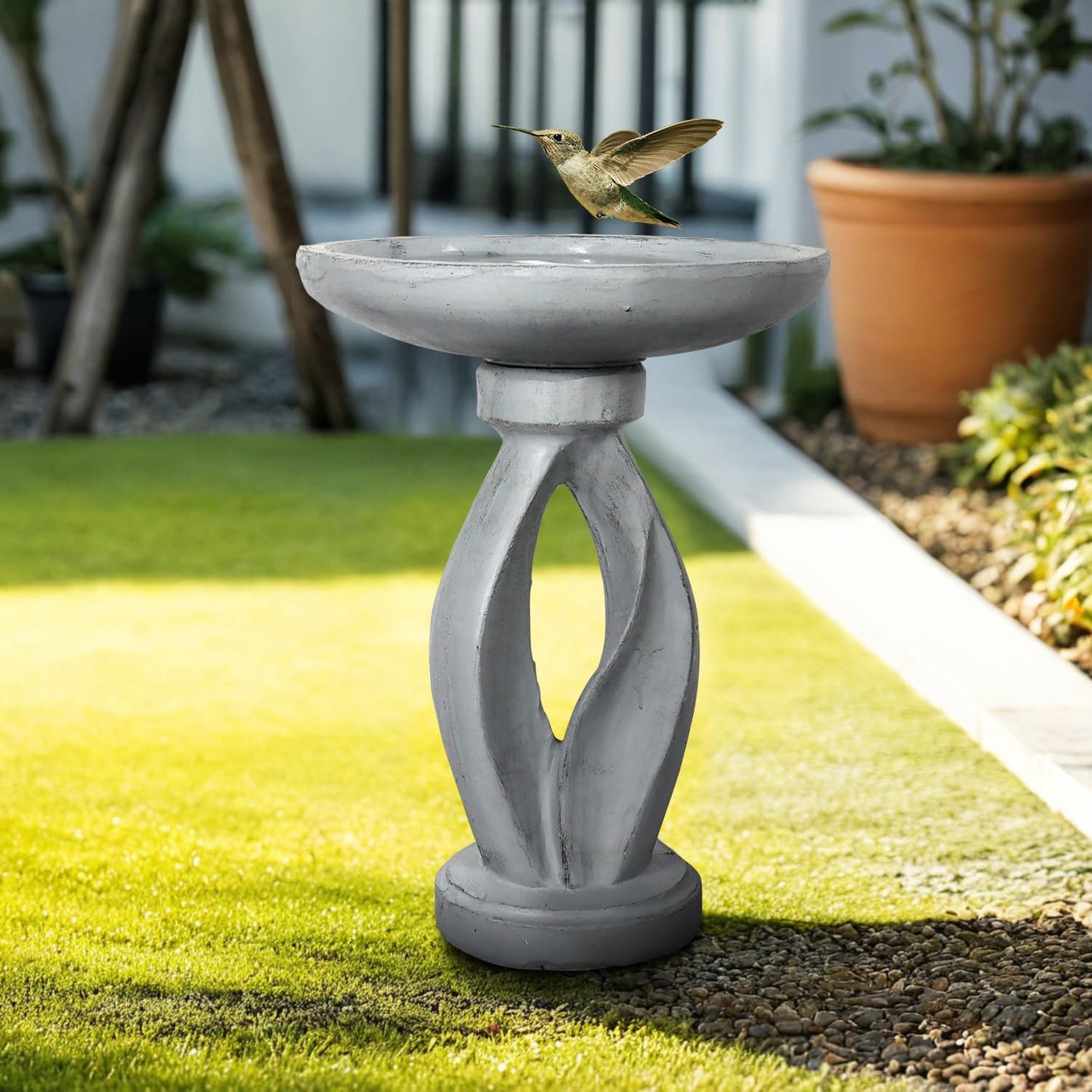 SunJet 21.8inch High Concrete Bird Bath, Freestanding Birdbaths & Birdfeeder - Stylish Outdoor Bird Baths Feeding Bowl for Outdoors Garden Patio Yard Lawn Decor