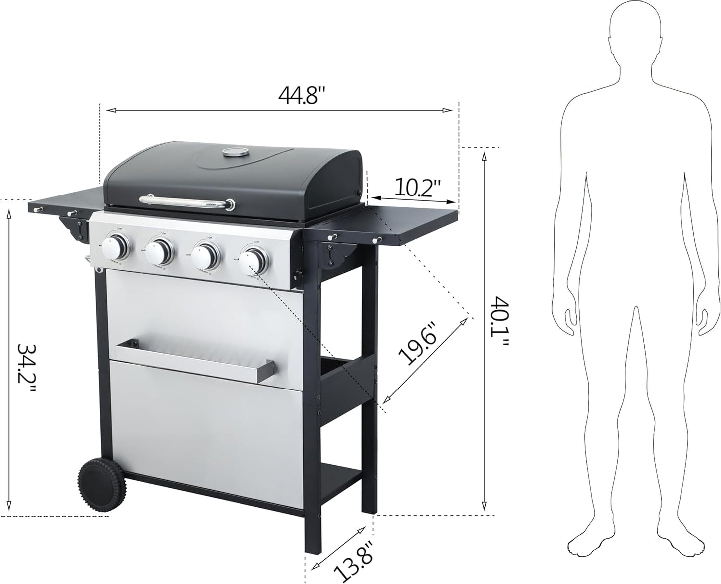 4-Burner Propane Gas BBQ Grill, 34,200 BTU Output, Wire Enamel Cooking Grates, Foldable Side Table and Hanging Basket, Stainless Steel Grill for Outdoor Cooking
