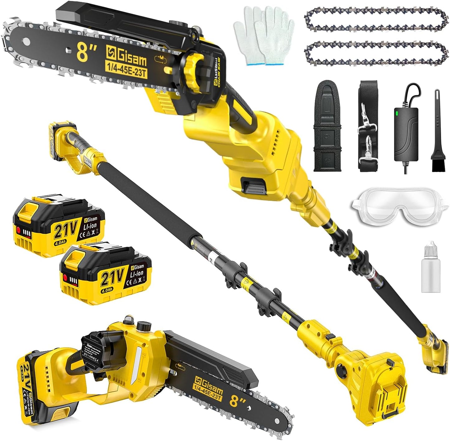 2-in-1 Electric Pole Saws for Tree Trimming,8" Mini Chainsaw Cordless with Extension Pole, 1000W Brushless Motor,Auto Oiling,15.58 FT Max Reach Extension Pole for Outdoors Pruning with 2×Batteries