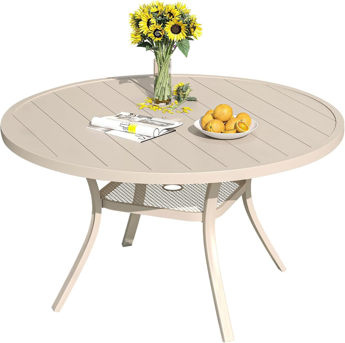DIFY 48" Round Patio Dining Table for 6, Outdoor Metal Dining Table with 1.57" Umbrella Hole for Backyard Lawn Garden, Sandshell