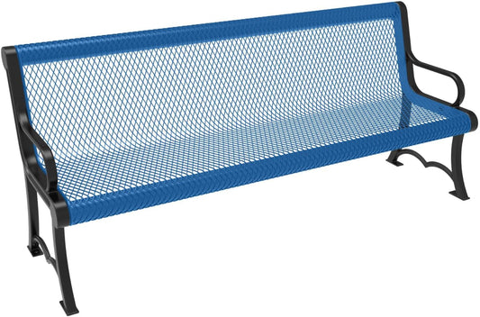 Heavy-Duty Outdoor Bench Thermoplastic Coated, Expanded Metal, Commercial-Grade Garden Bench, Made in America (Portable with Back, 6 Ft, Textured Light Blue)