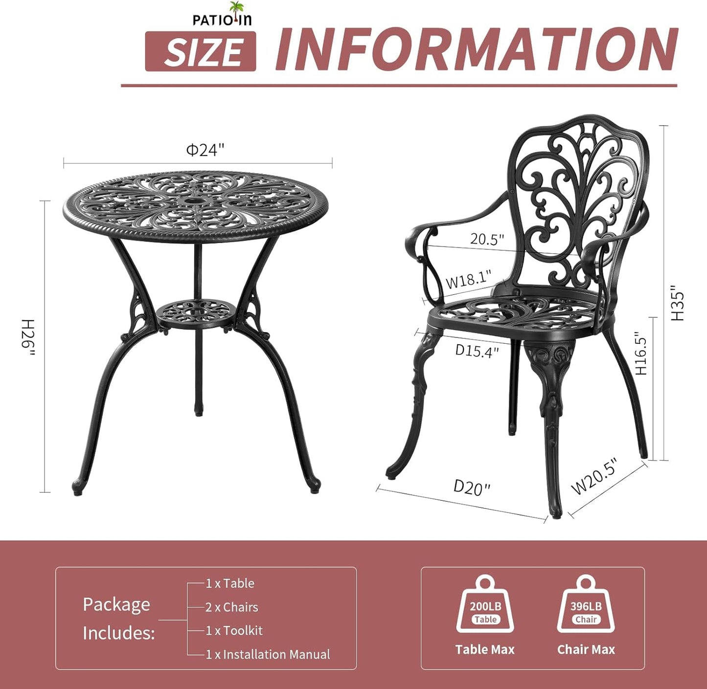 Outdoor Bistro Set 3 Piece, Patio Bistro Set, Cast Aluminum Bistro Set, Patio Table Set with 1.97" Umbrella Hole for Yard, Deck, Front Porch