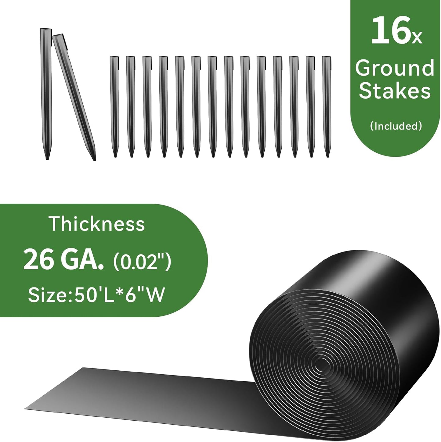 Worth Galvanized Steel Landscape Edging 6" x50' Metal Garden Edging Roll Flexible Bender Border with 16Pcs Stakes for Lawn, Flower Bed Edges, Black