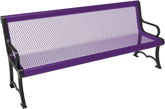 Coated Outdoor Furniture Heavy-Duty Outdoor Bench Thermoplastic Coated, Expanded Metal, Commercial-Grade Garden Bench, Made in America (Portable with Back, 6 Ft, Purple)