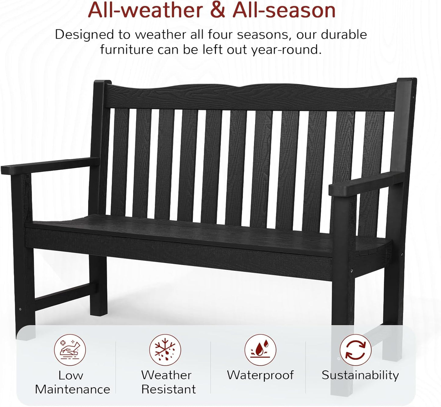 Stoog Outdoor Bench, 2-Person Garden Benches for Outdoors, All-Weather HIPS Garden Bench with 800 lbs Weight Capacity, Never Rot or Fade, for Garden, Porch, Backyard and Park, Black
