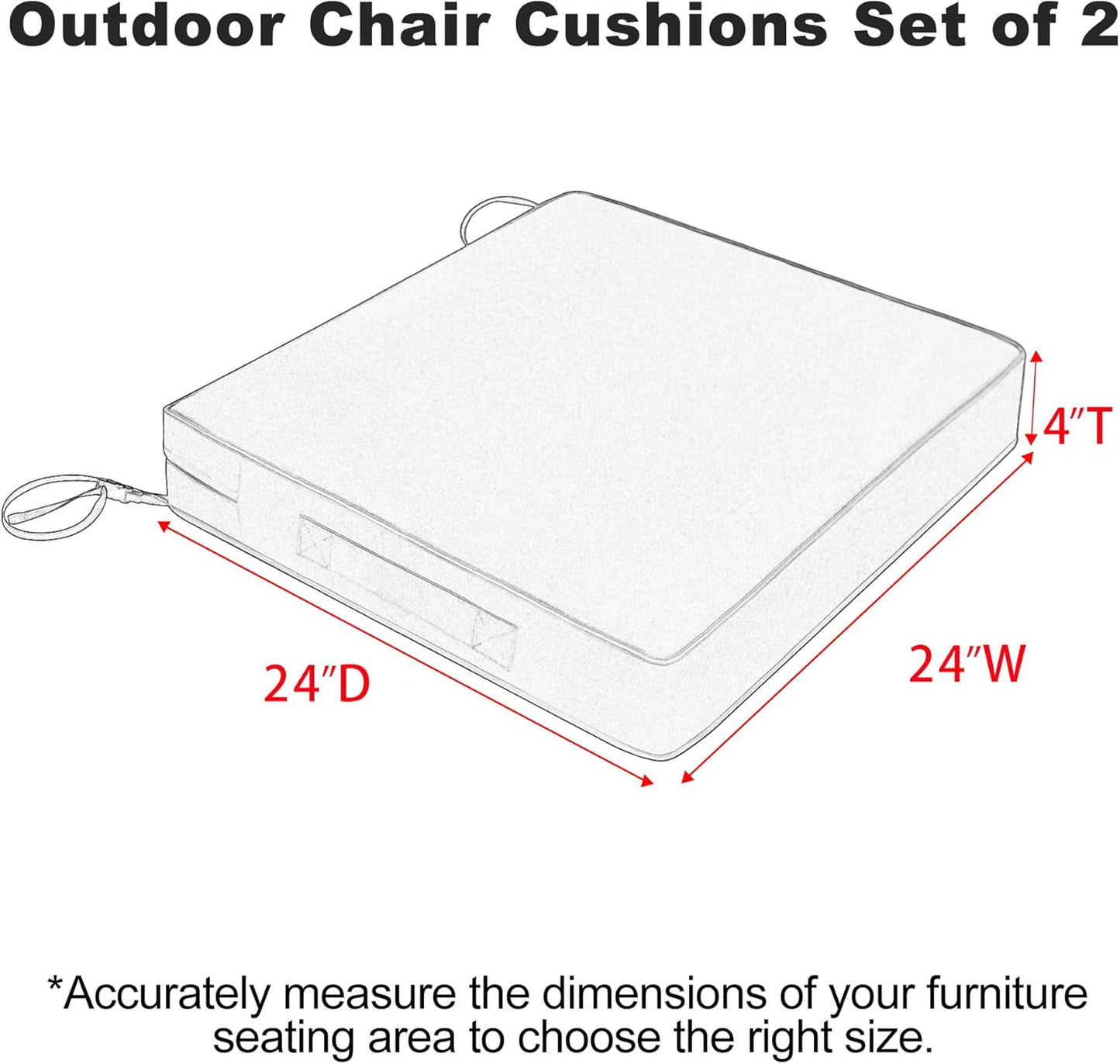 Favoyard Patio Chair Cushions 24 x 24 x 4 Inch Waterproof Outdoor Seat Cushions for Patio Furniture 3-Year Color Fastness Garden Sofa Couch Pads with Handle & Adjustable Straps Set of 2, Dark Grey