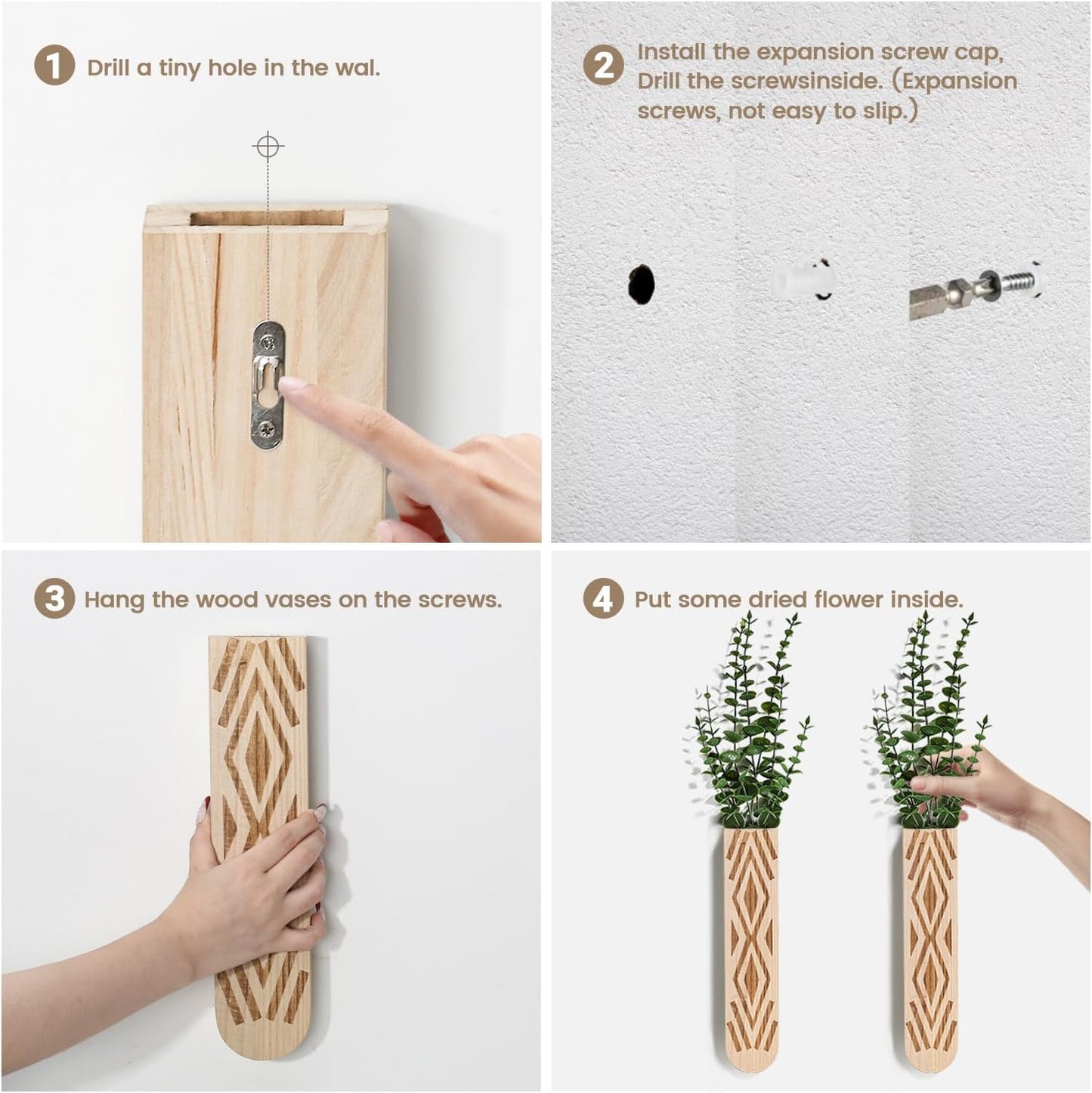 Wooden Wall Planter Set of 4 - Modern Bohemian Home Decor for Living Room, Bedroom, Bathroom - Beige Finish Planter for Dried Flowers, Faux Greenery, Indoor Plants