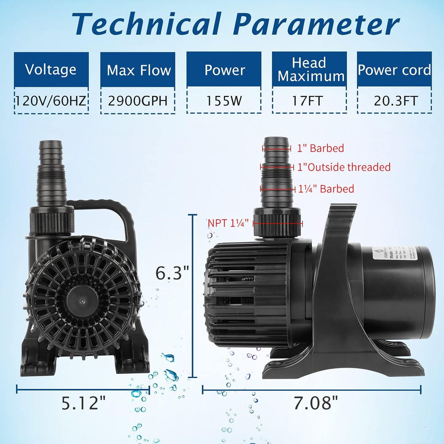 WaterRebirth (2900GPH-155W,UL listed) High Flow Large Fountain Submersible Water Pond Sump Pump Aquarium Electric Waterfall Pump Outdoor PS- 2900